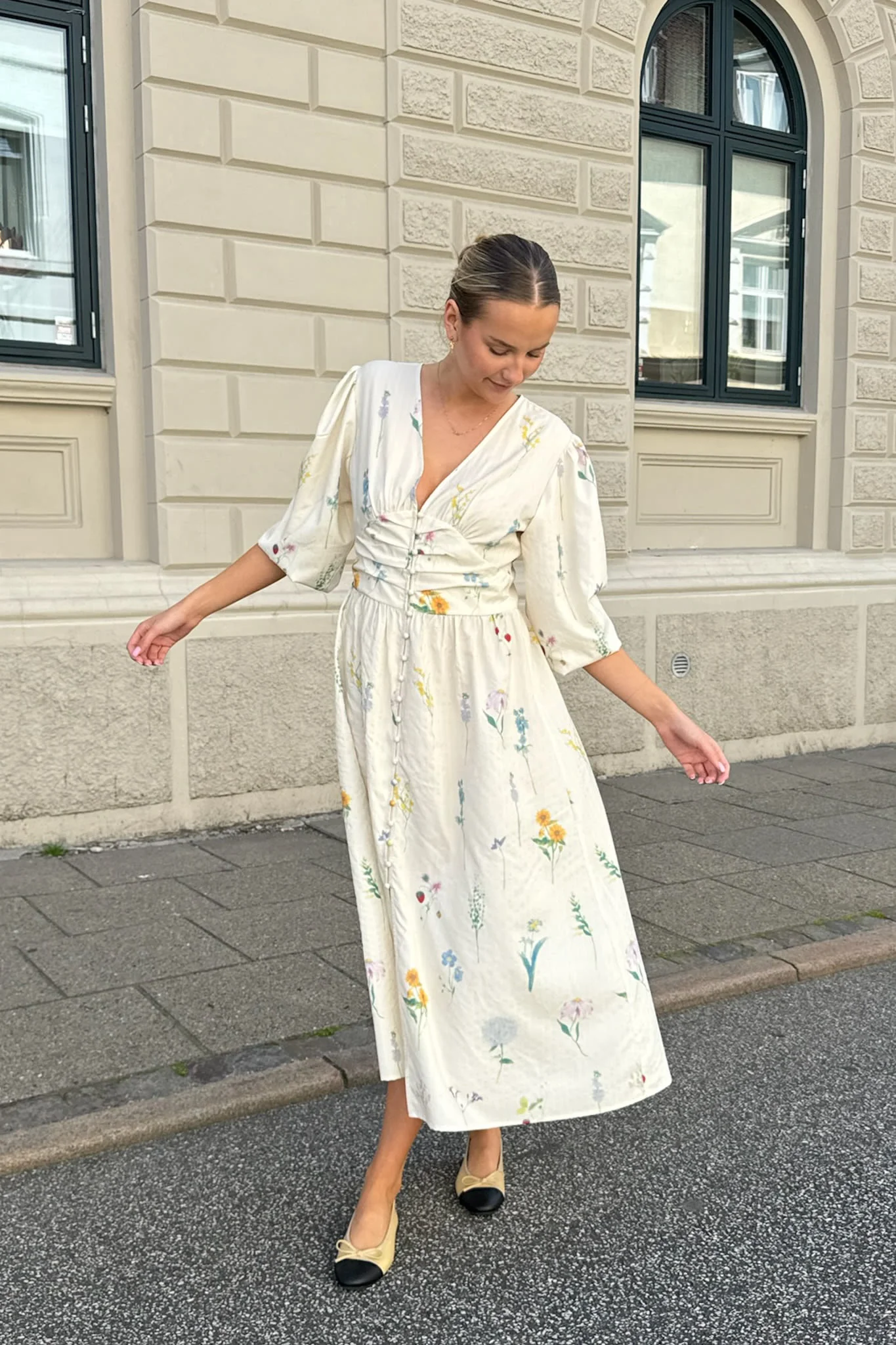 AdelIC Long Dress - Off White Flower Print - Image 10