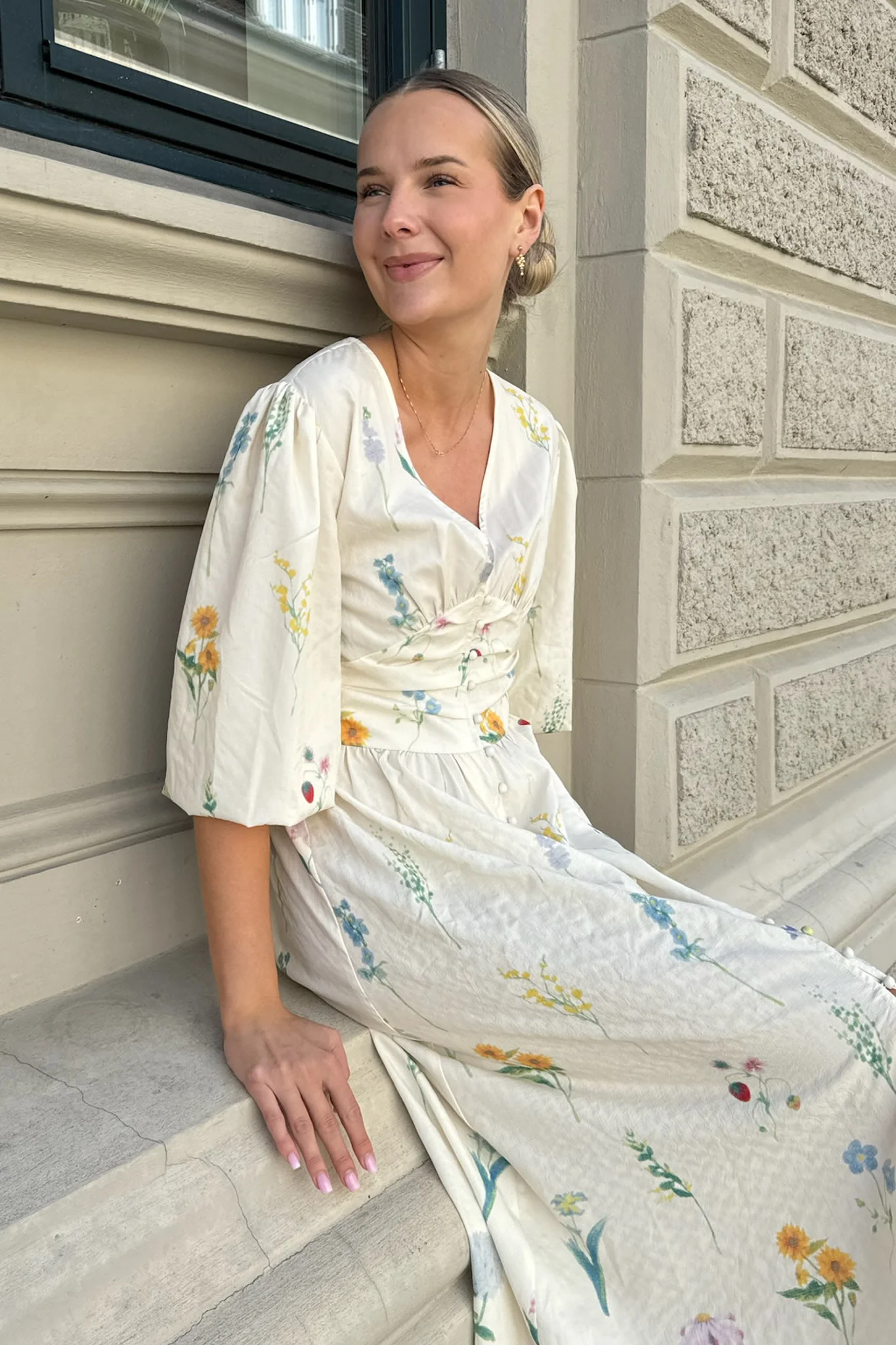 AdelIC Long Dress - Off White Flower Print - Image 7