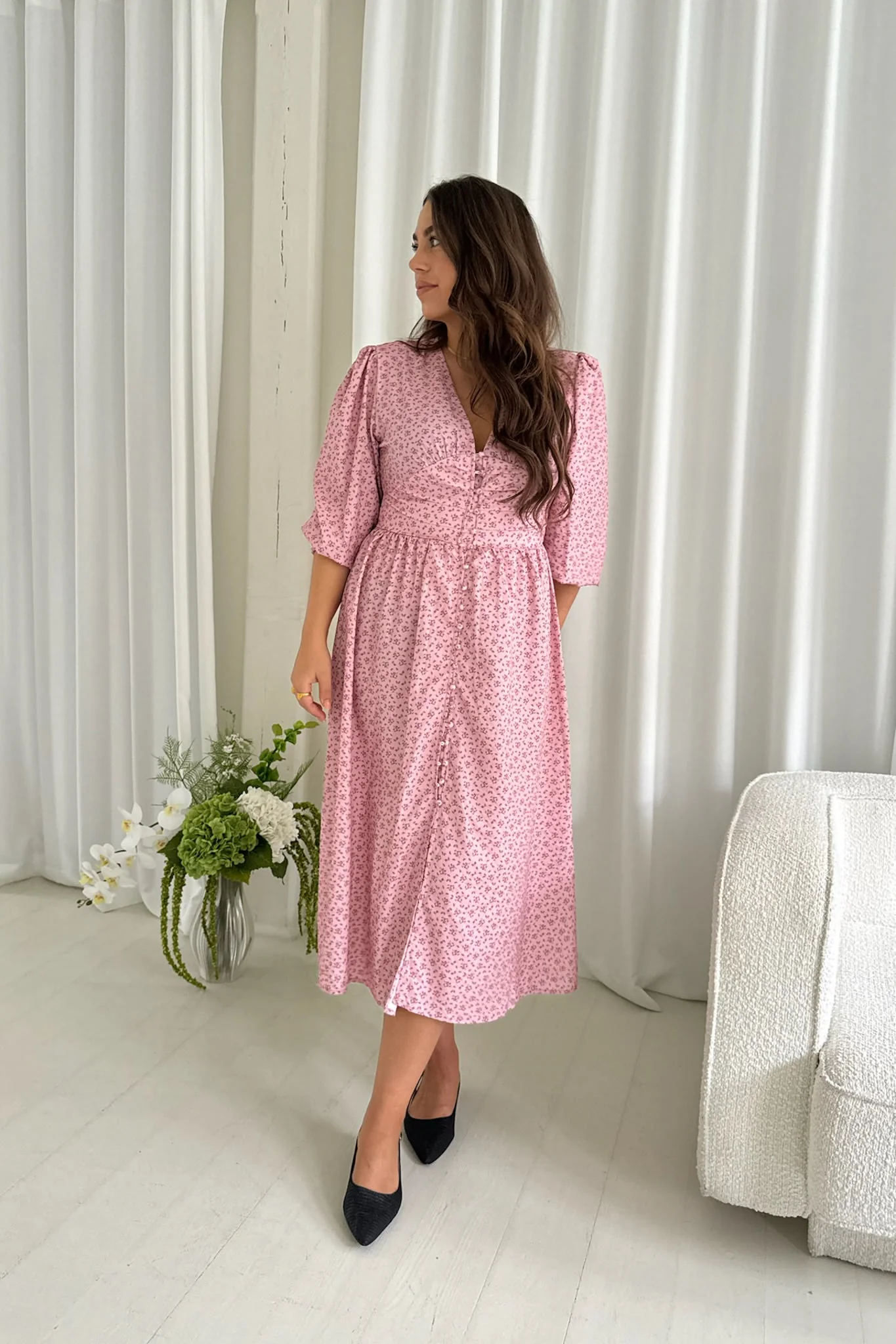 AdelIC Long Dress - Pink Flower Stem Print - Image 4