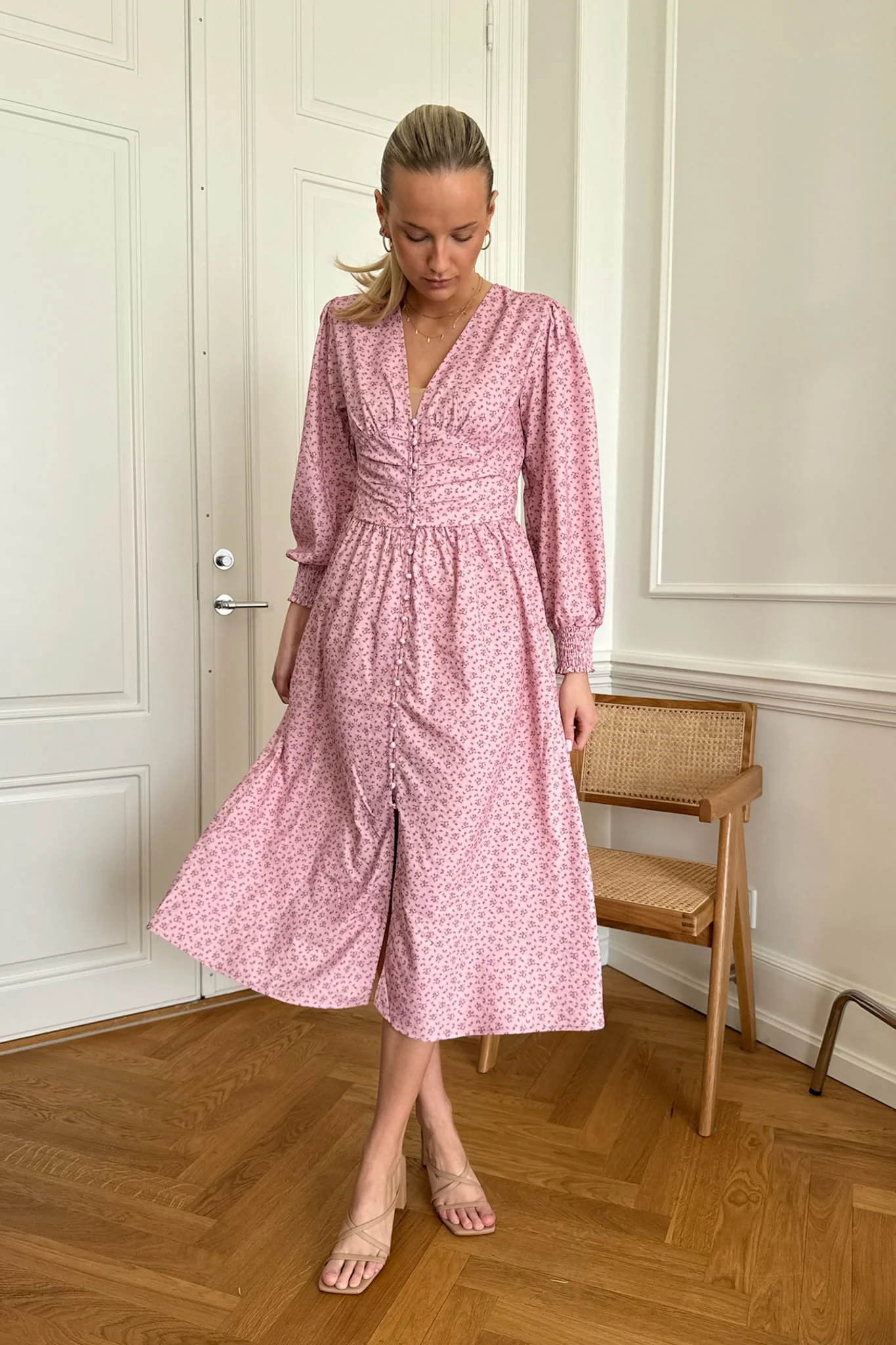 AdelIC Long Dress - Pink Flower Stem Print - Image 5