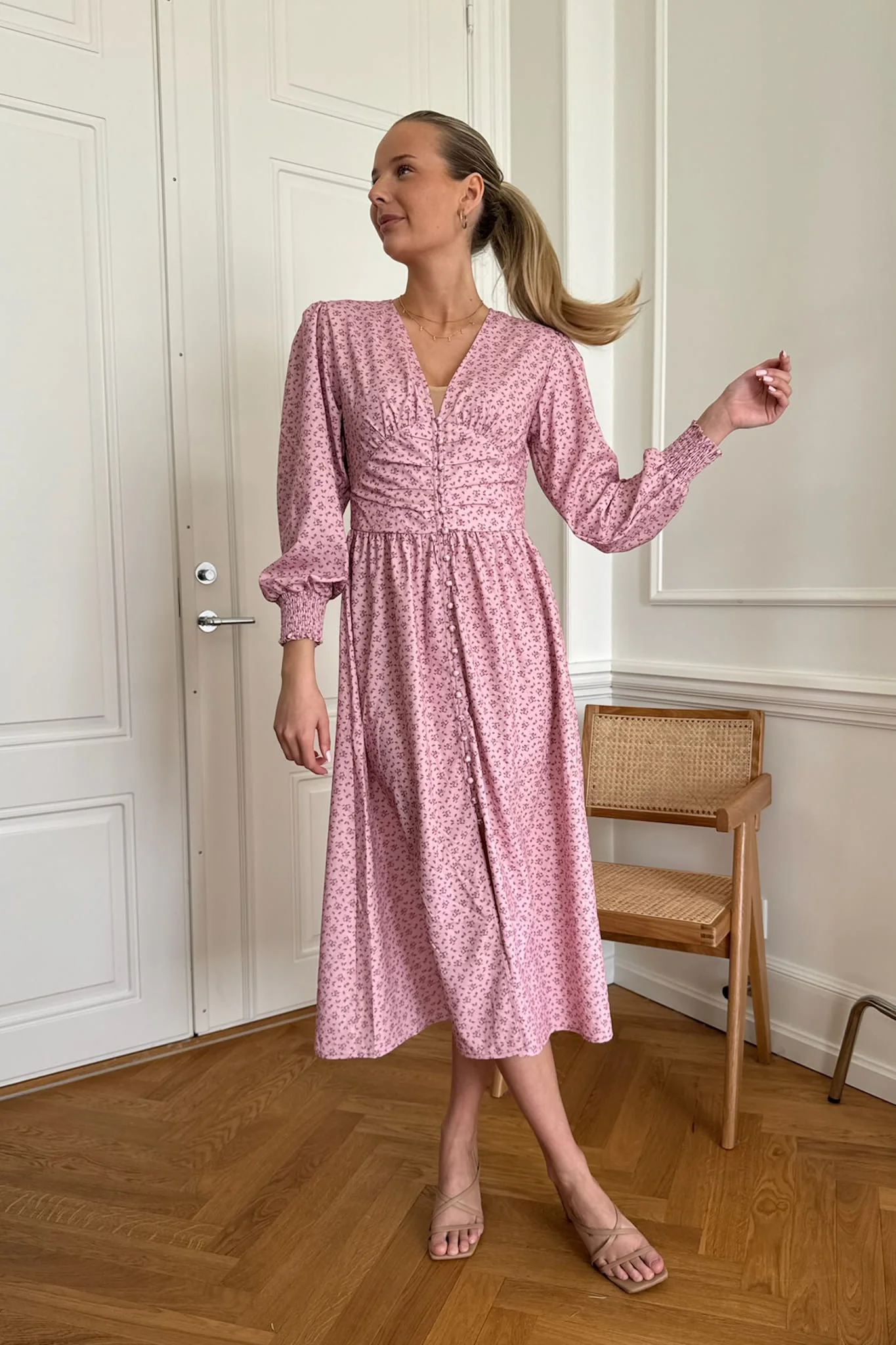AdelIC Long Dress - Pink Flower Stem Print - Image 7