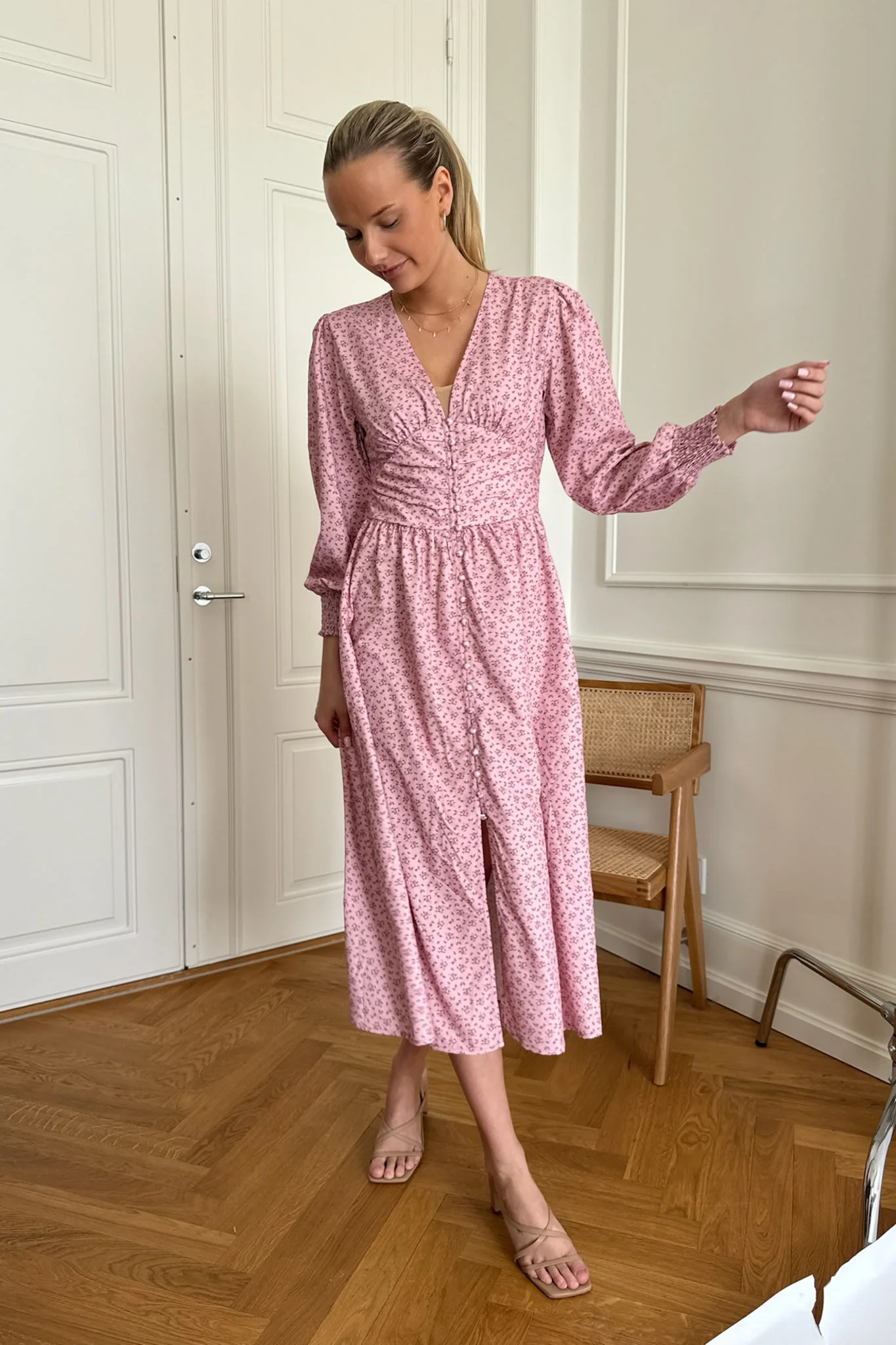 AdelIC Long Dress - Pink Flower Stem Print - Image 8