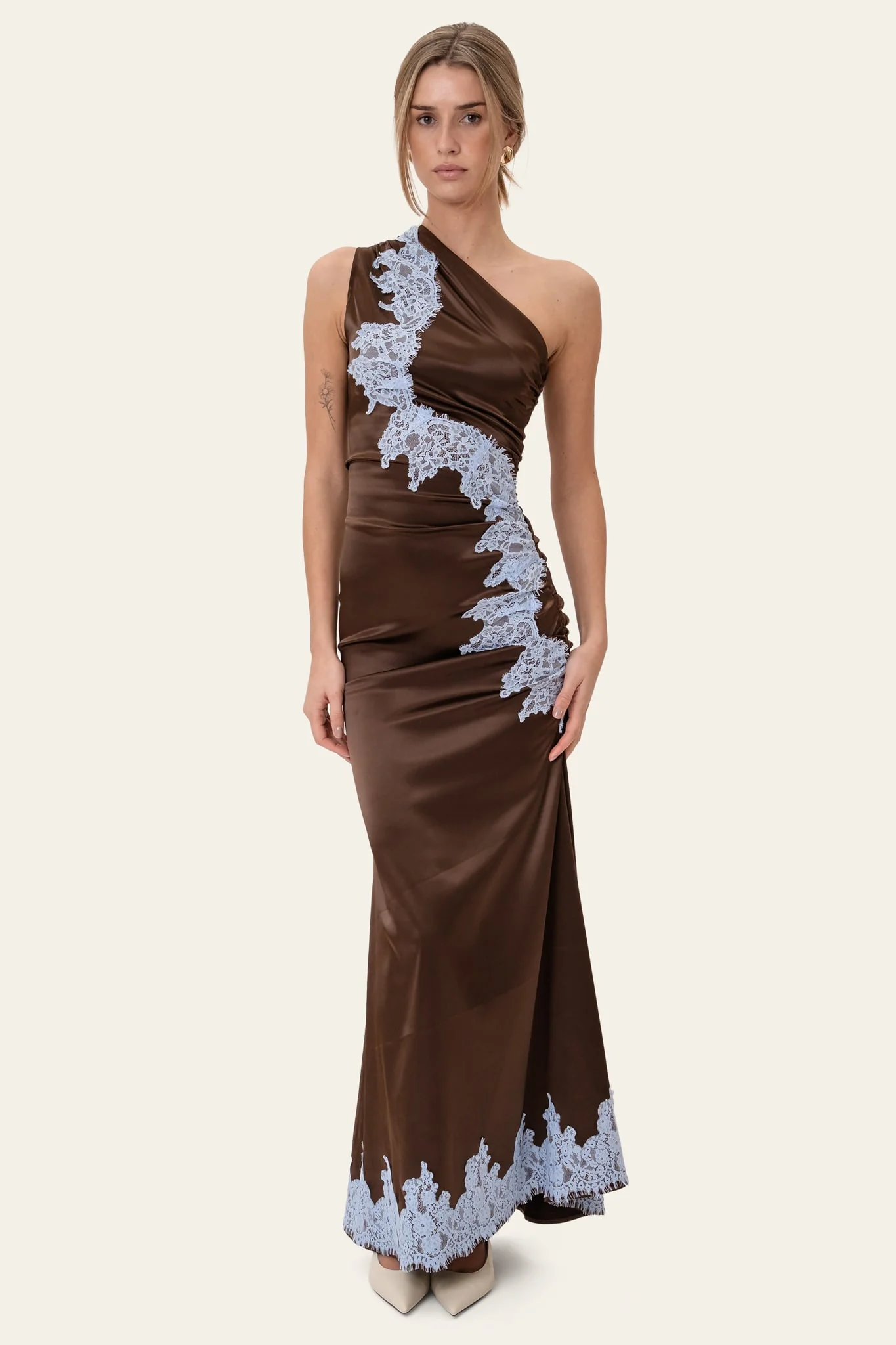AndreaIC Satin Dress - Dark Brown Blue Lace - Image 3