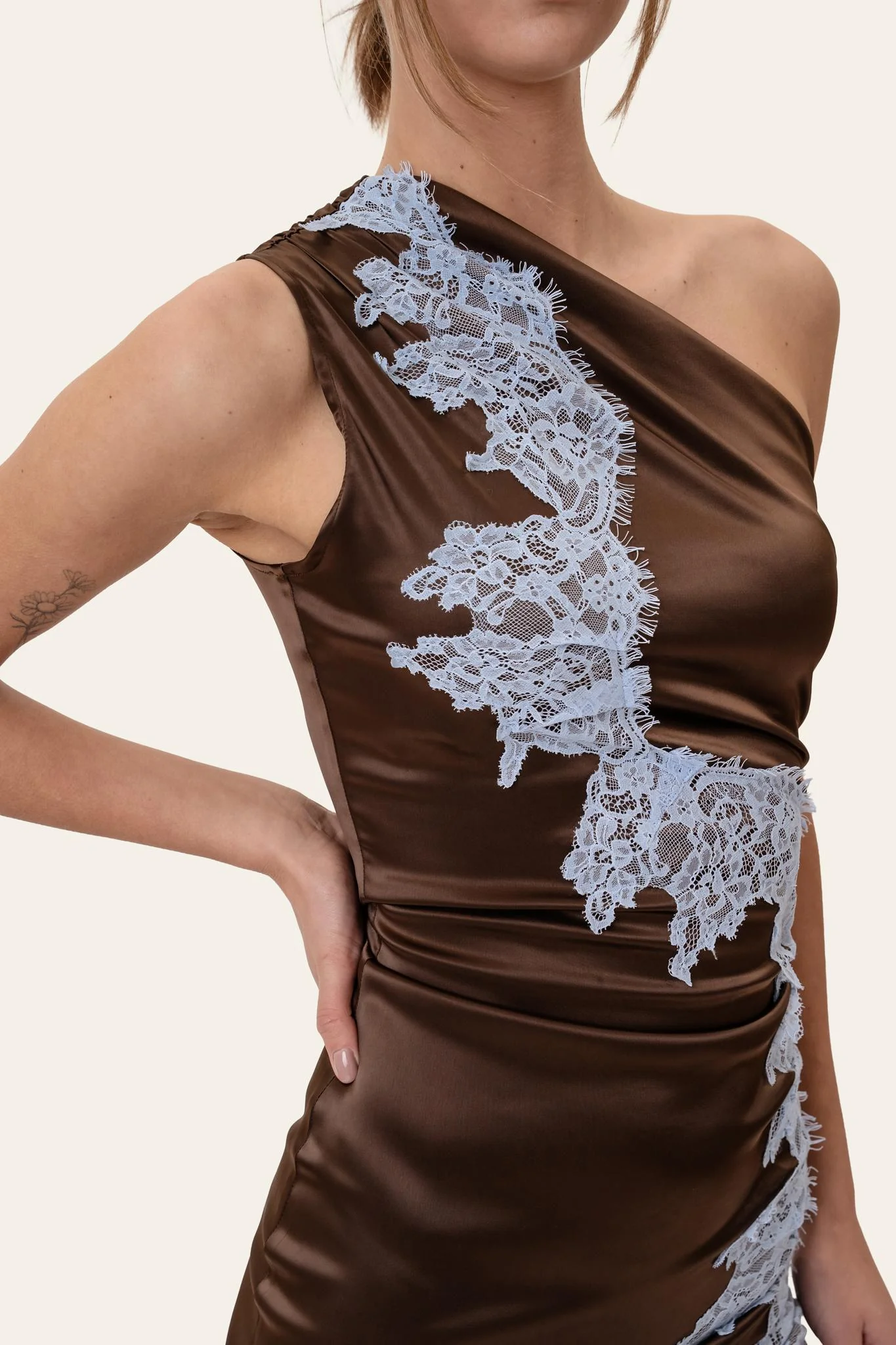 AndreaIC Satin Dress - Dark Brown Blue Lace - Image 4