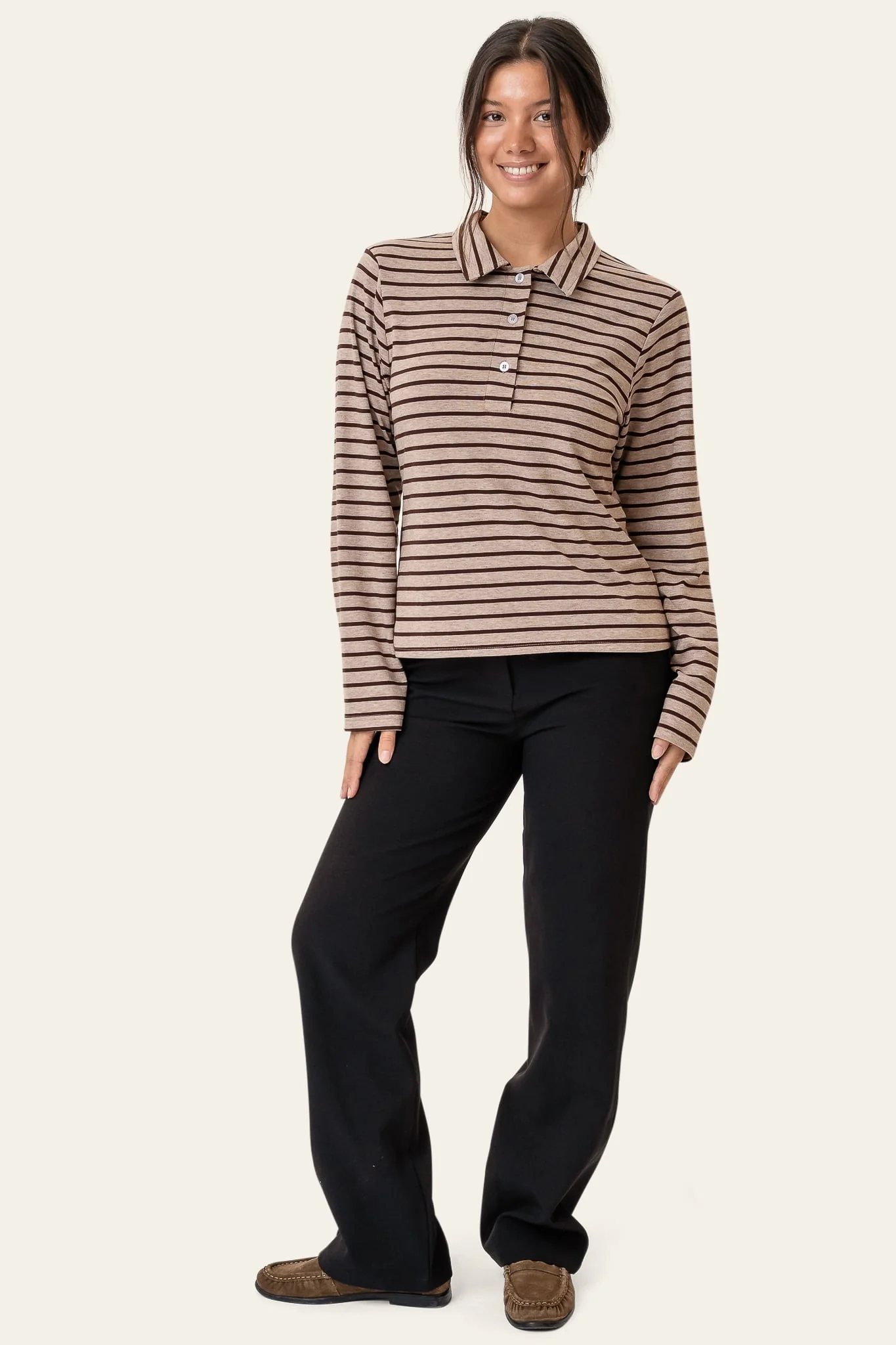 CarlyIC Polo - Beige Brown Stripes - Image 5