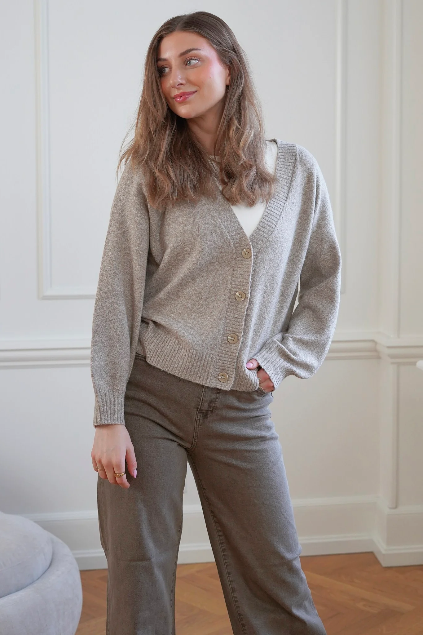 VMDoffy LS Vneck Button Cardigan - Sepia Tint Melange - Image 3