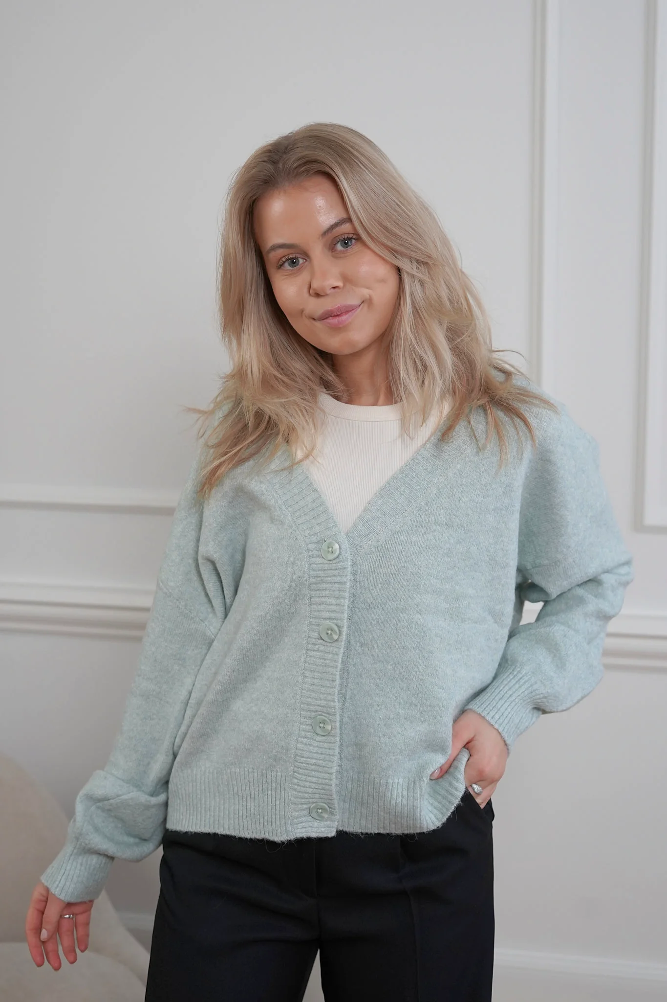 VMDoffy LS Vneck Button Cardigan - Jadeite Melange - Image 2
