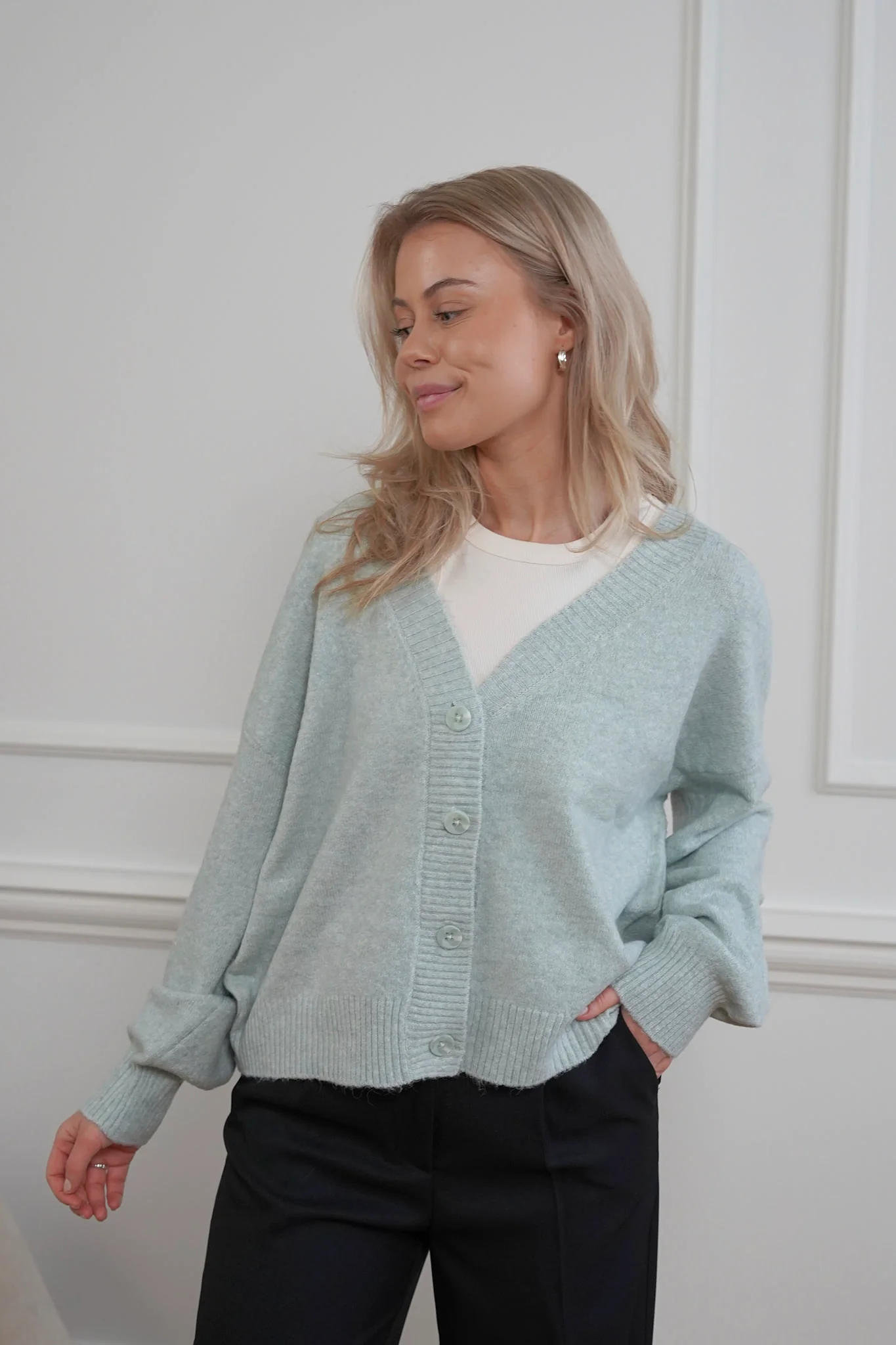 VMDoffy LS Vneck Button Cardigan - Jadeite Melange - Image 3