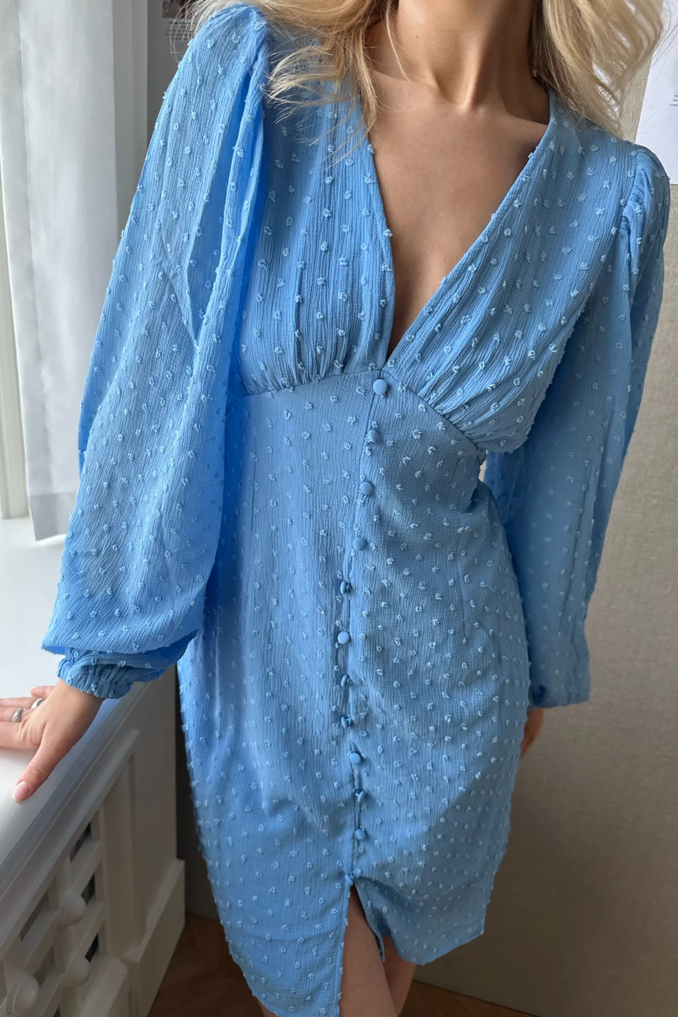 VMDora Dobby LS Vneck Short Dress - Little Boy Blue - Image 2