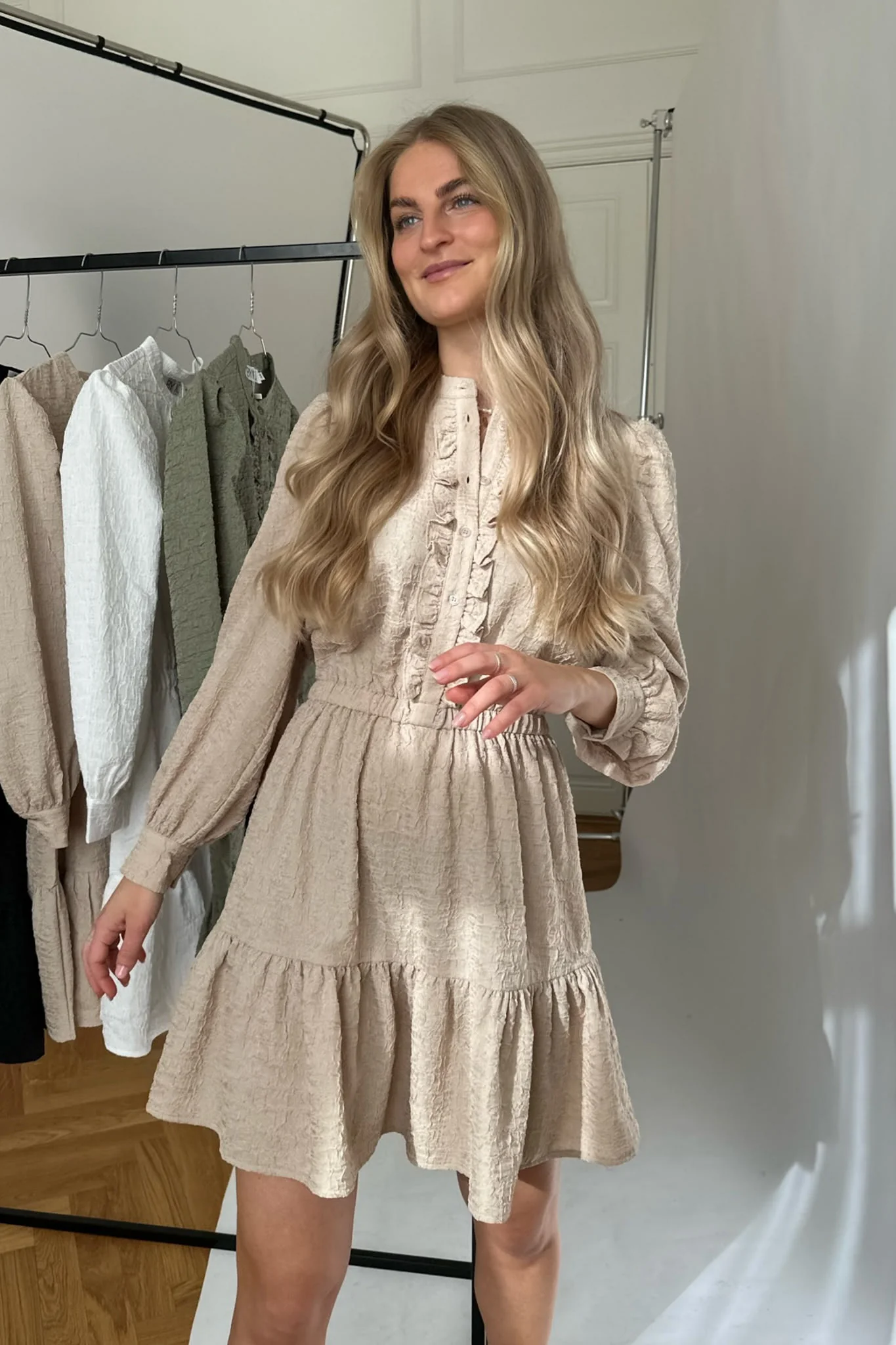 ElieaIC Ruffle Dress - Beige - Image 2
