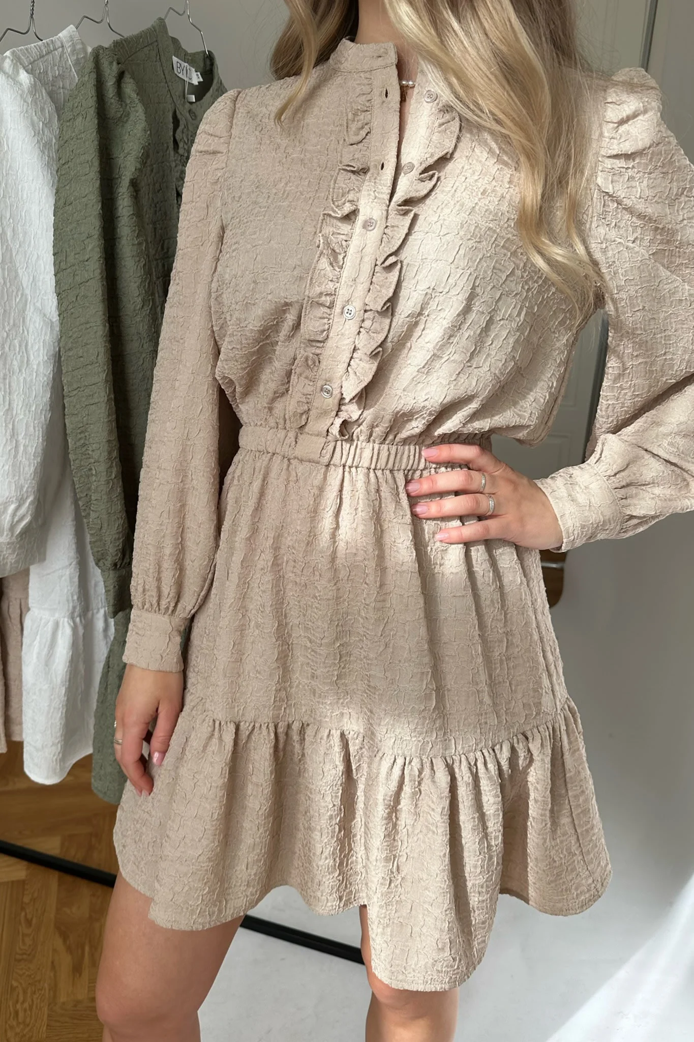 ElieaIC Ruffle Dress - Beige - Image 4