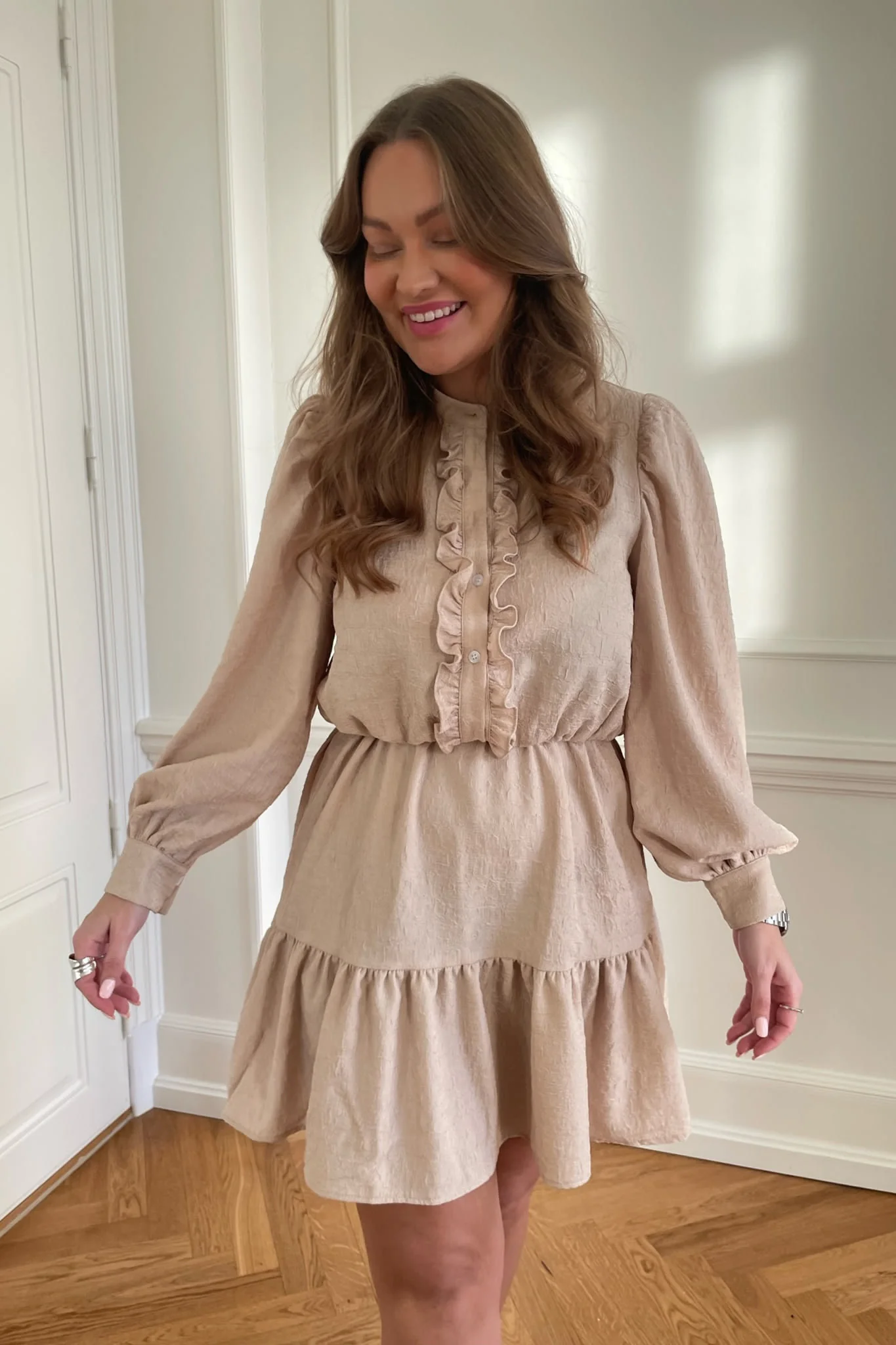 ElieaIC Ruffle Dress - Beige - Image 6