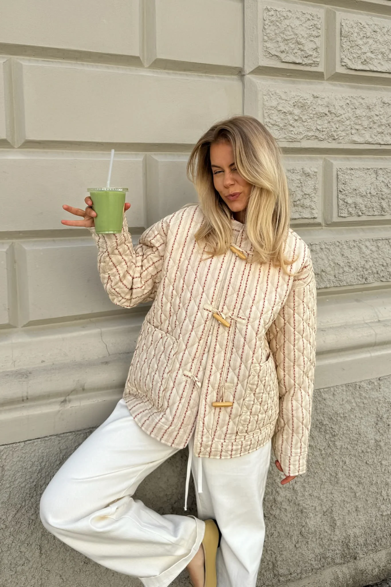EmmaIC Quilted Jacket - Beige Red Flower Stripe - Image 3