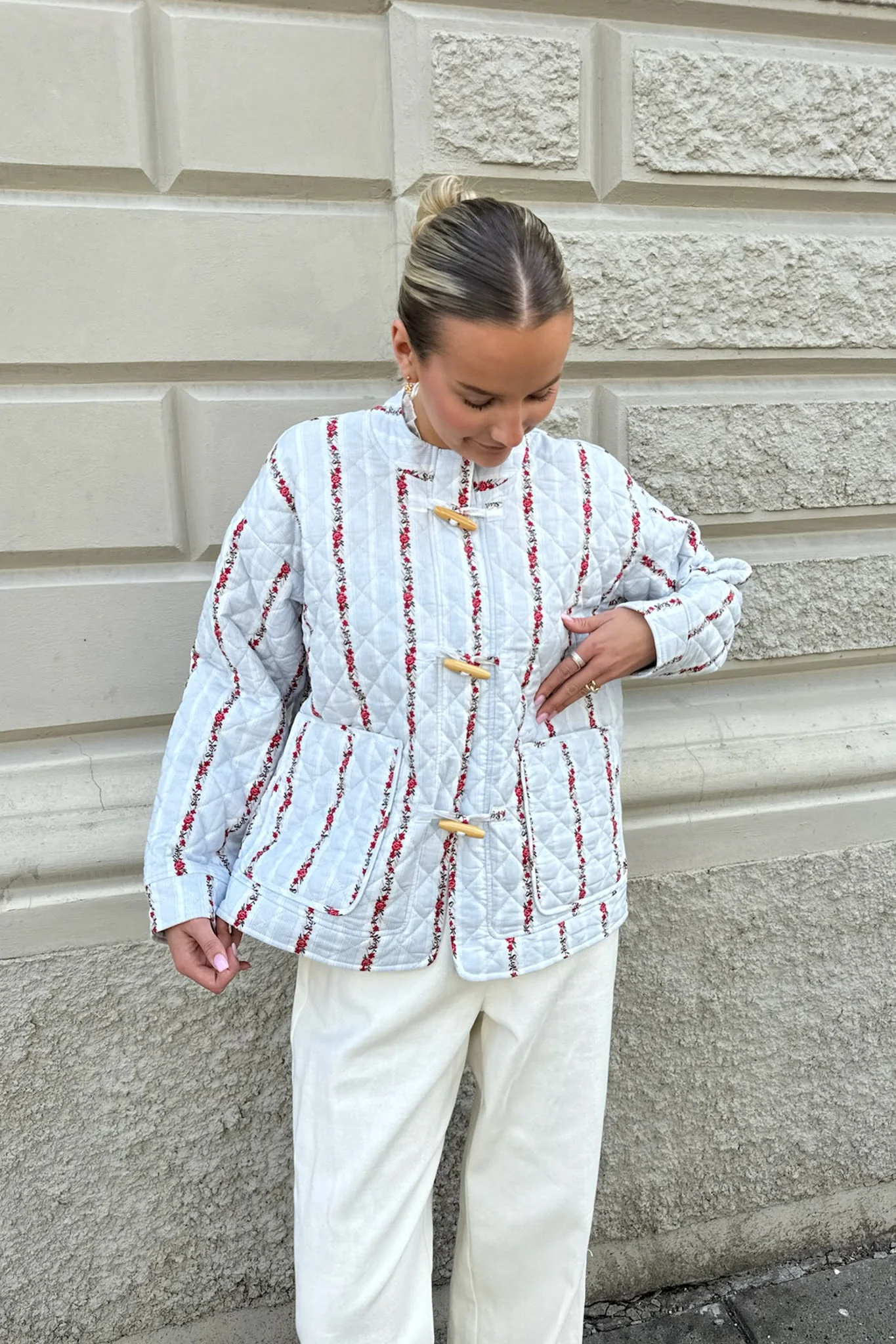 EmmaIC Quilted Jacket - Blue Red Flower Stripe - Image 2