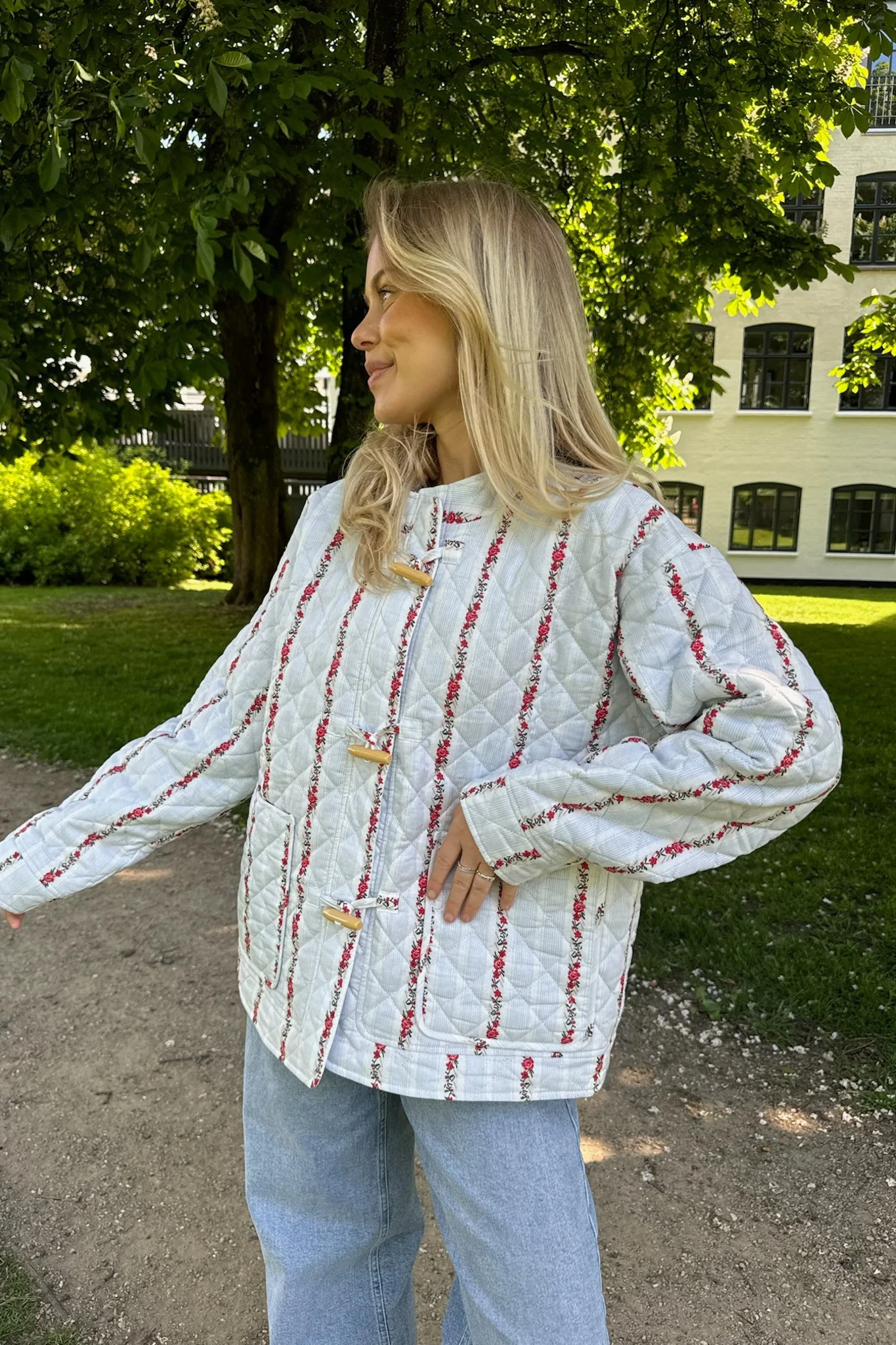 EmmaIC Quilted Jacket - Blue Red Flower Stripe - Image 7