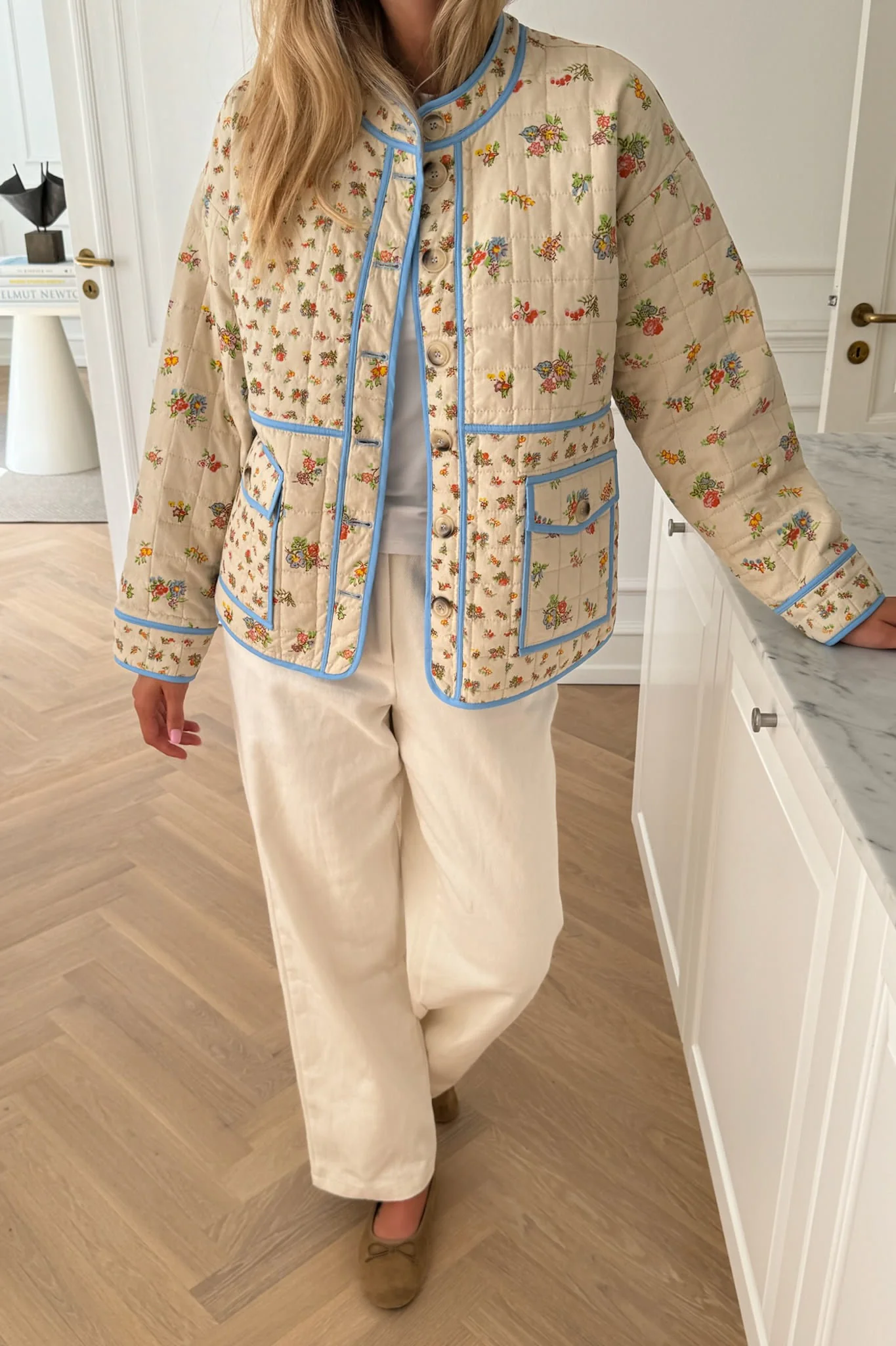 EmmyIC Quilted Jacket - Beige Multicolor Flower Print - Image 2
