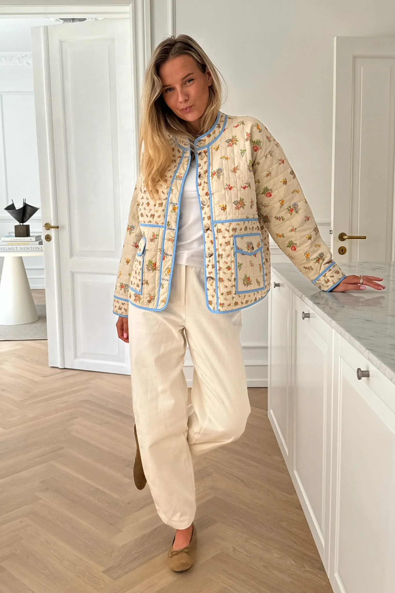 EmmyIC Quilted Jacket - Beige Multicolor Flower Print - Image 3