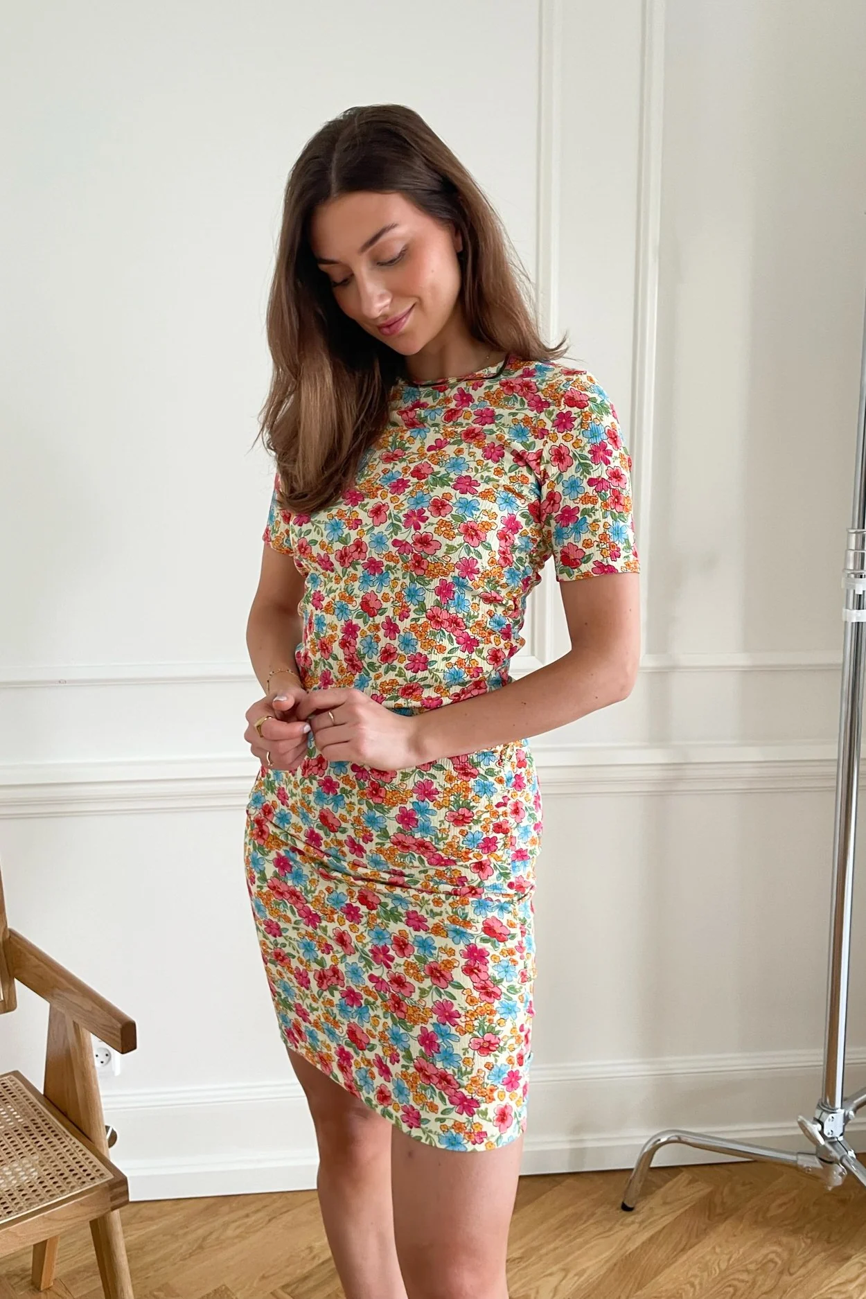 JDYFilona SS Ruching Dress - Yellow Cream Multi Flowers - Image 2