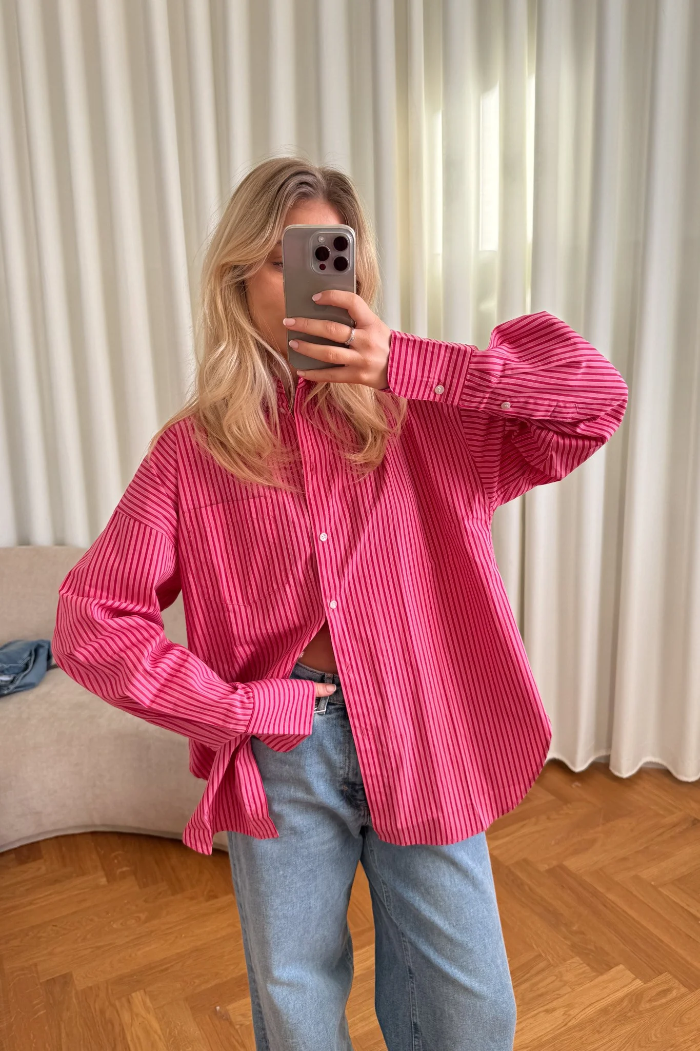 JXJamie LS Relaxed Poplin Shirt - Cerise Stripe - Image 2