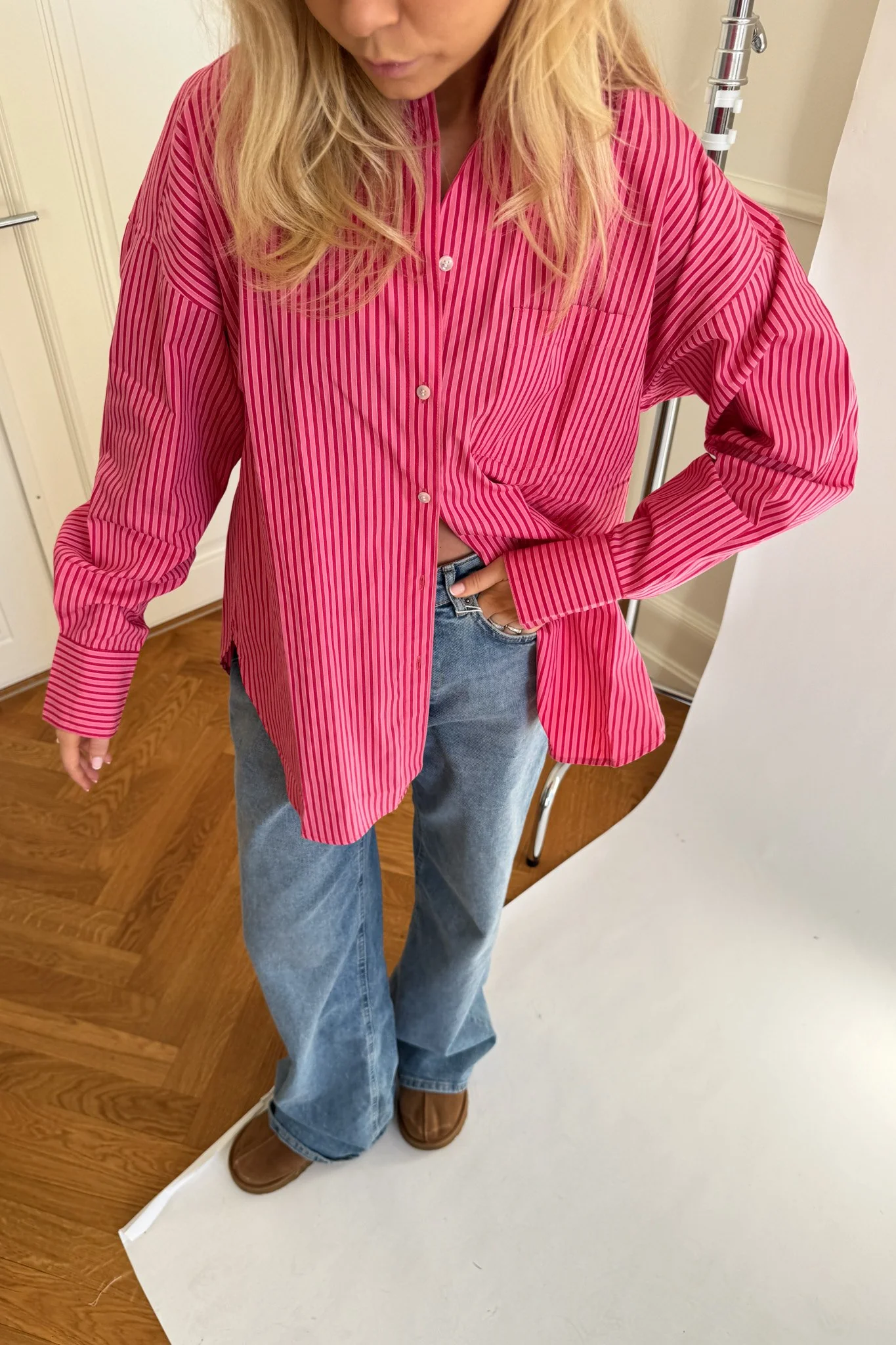 JXJamie LS Relaxed Poplin Shirt - Cerise Stripe - Image 4