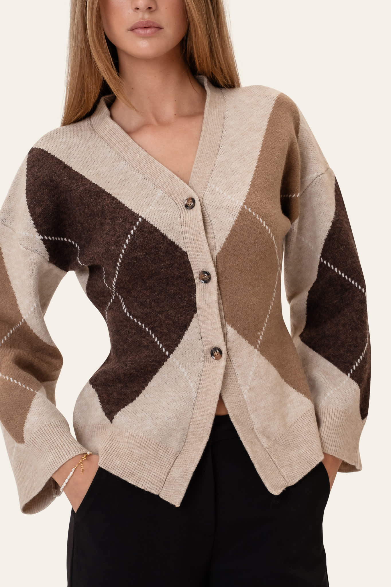 KarmaIC Fitted Cardigan - Beige Argyle - Image 3