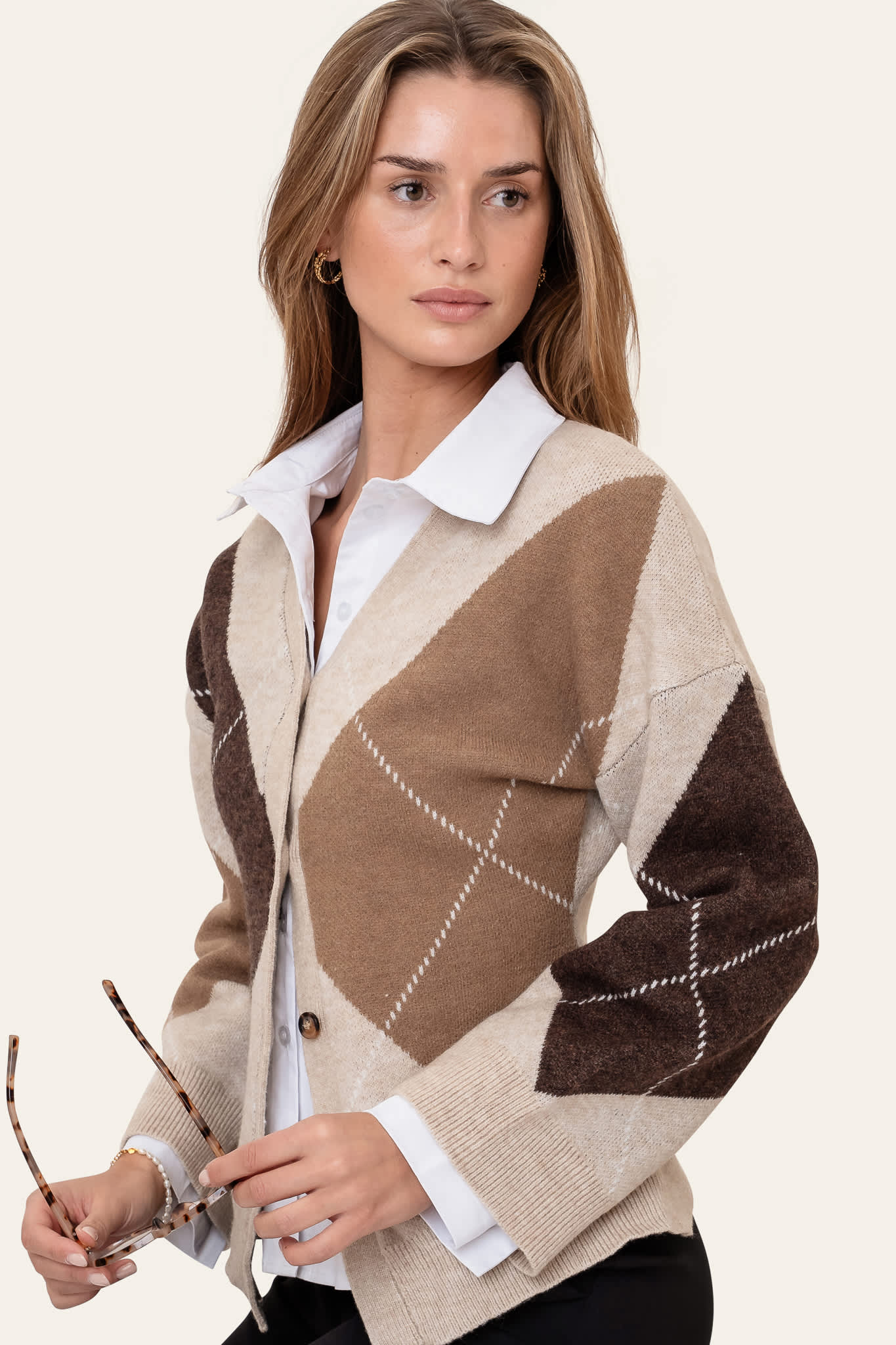 KarmaIC Fitted Cardigan - Beige Argyle - Image 4