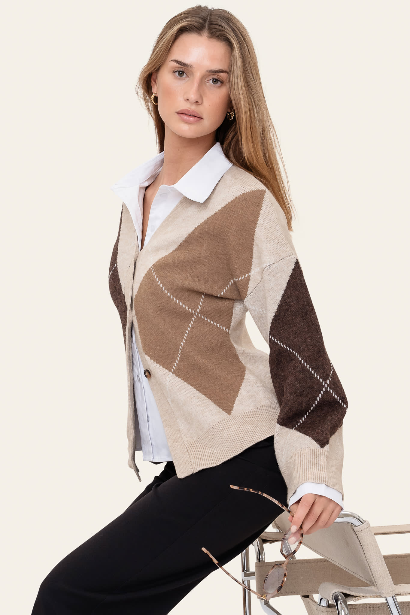 KarmaIC Fitted Cardigan - Beige Argyle - Image 6