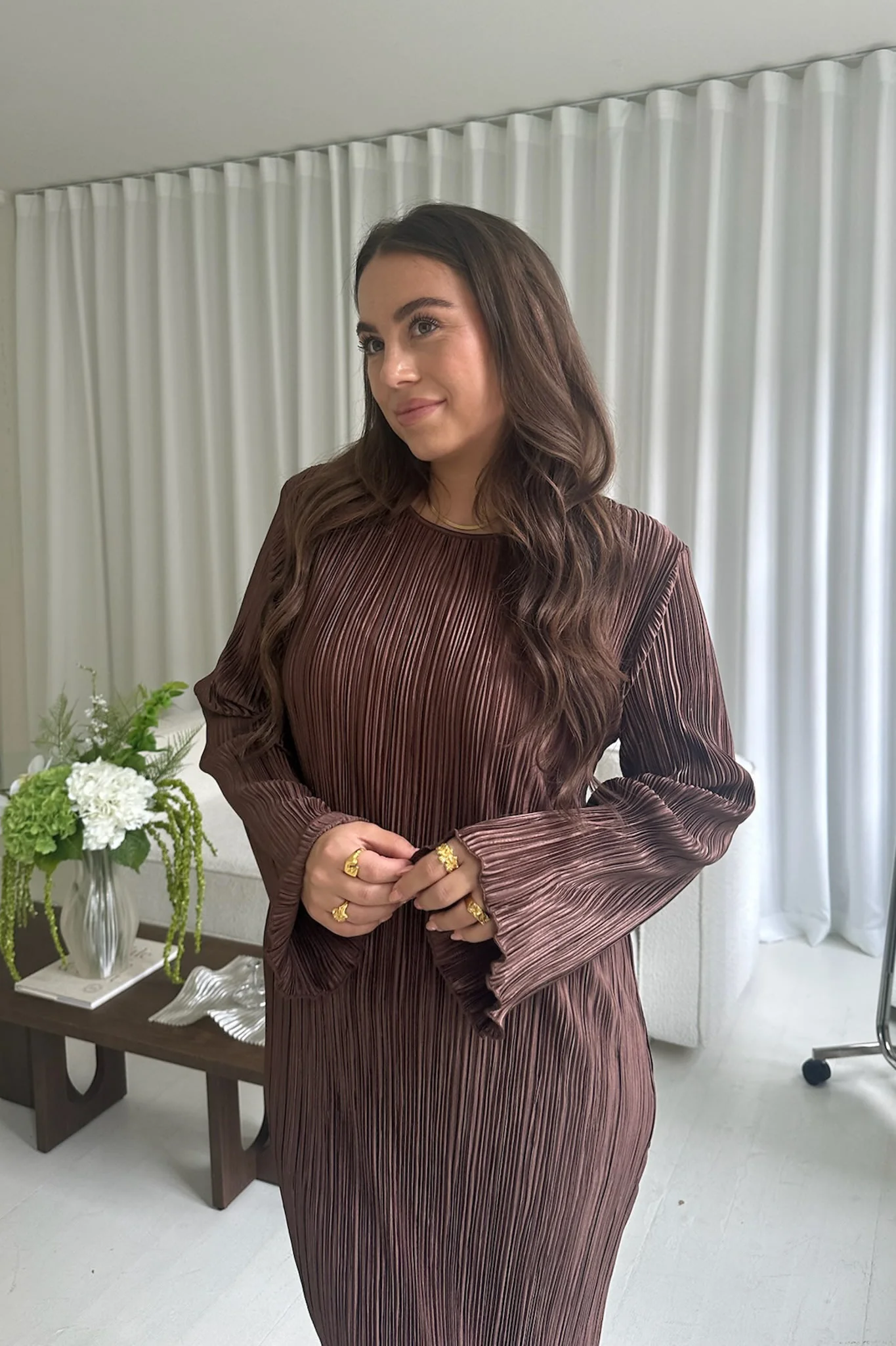 KellyIC Long Plissé Dress - Brown - Image 3