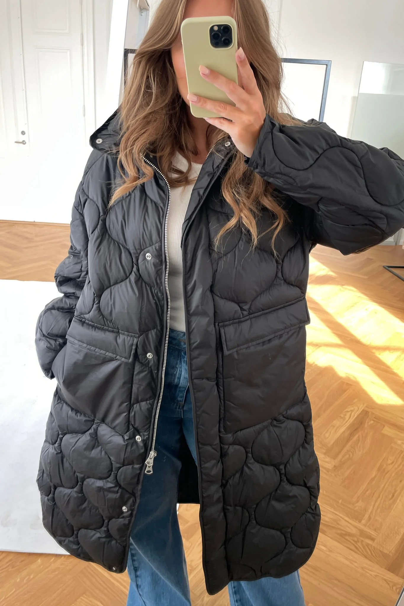JXLenora Shiny Quilted Coat - Black - Image 3