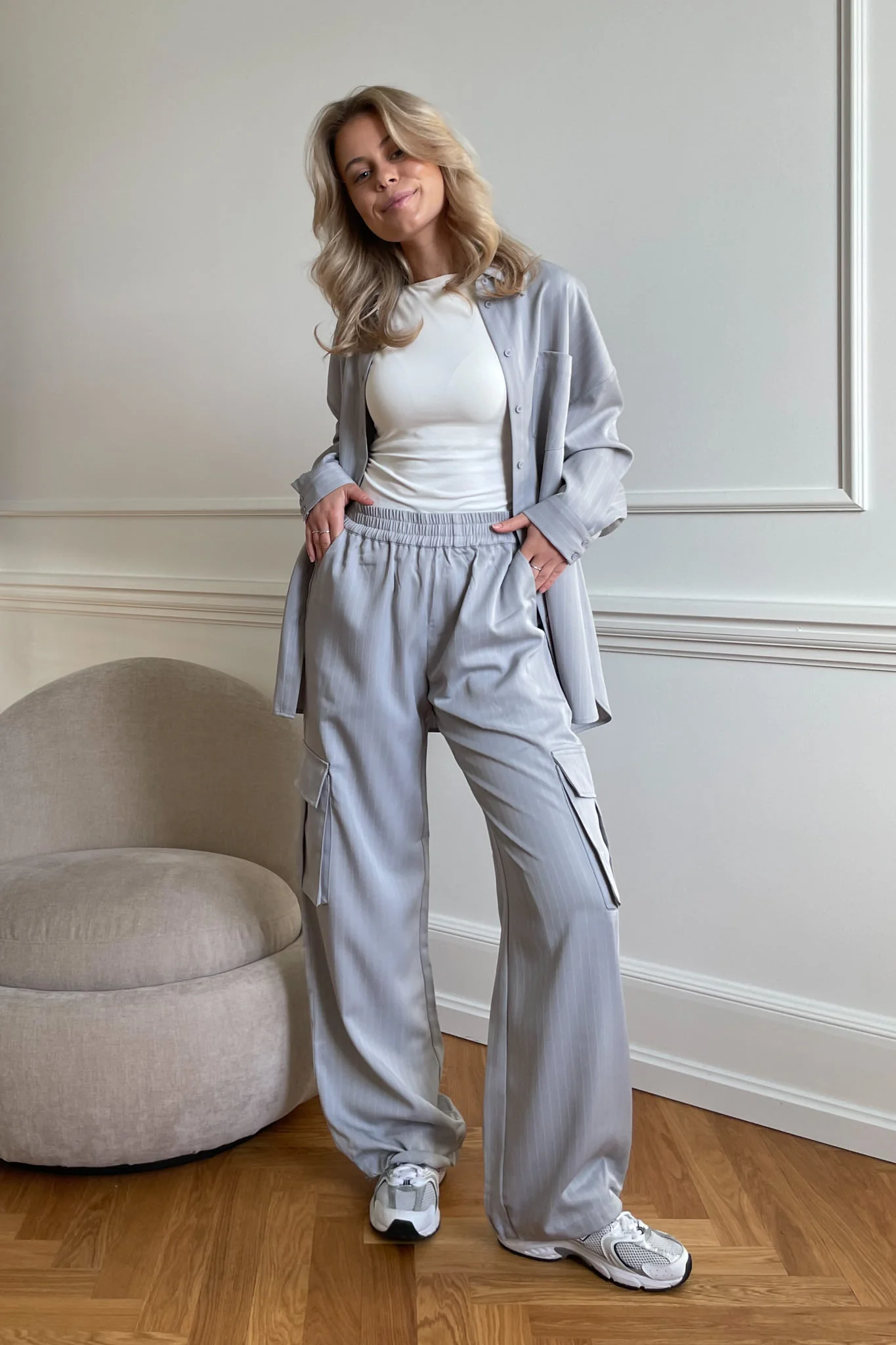 LivaIC Cargo Pants - Light Grey Pinstripe - Image 3
