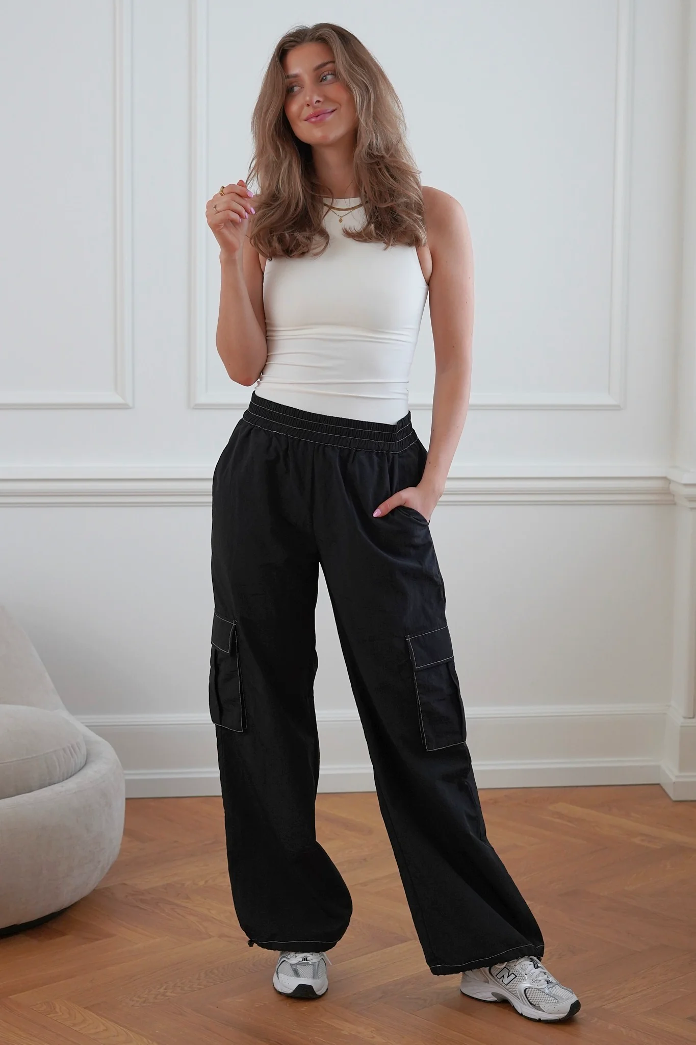 LivaIC Cargo Pants - Black With White Stitching - Image 2