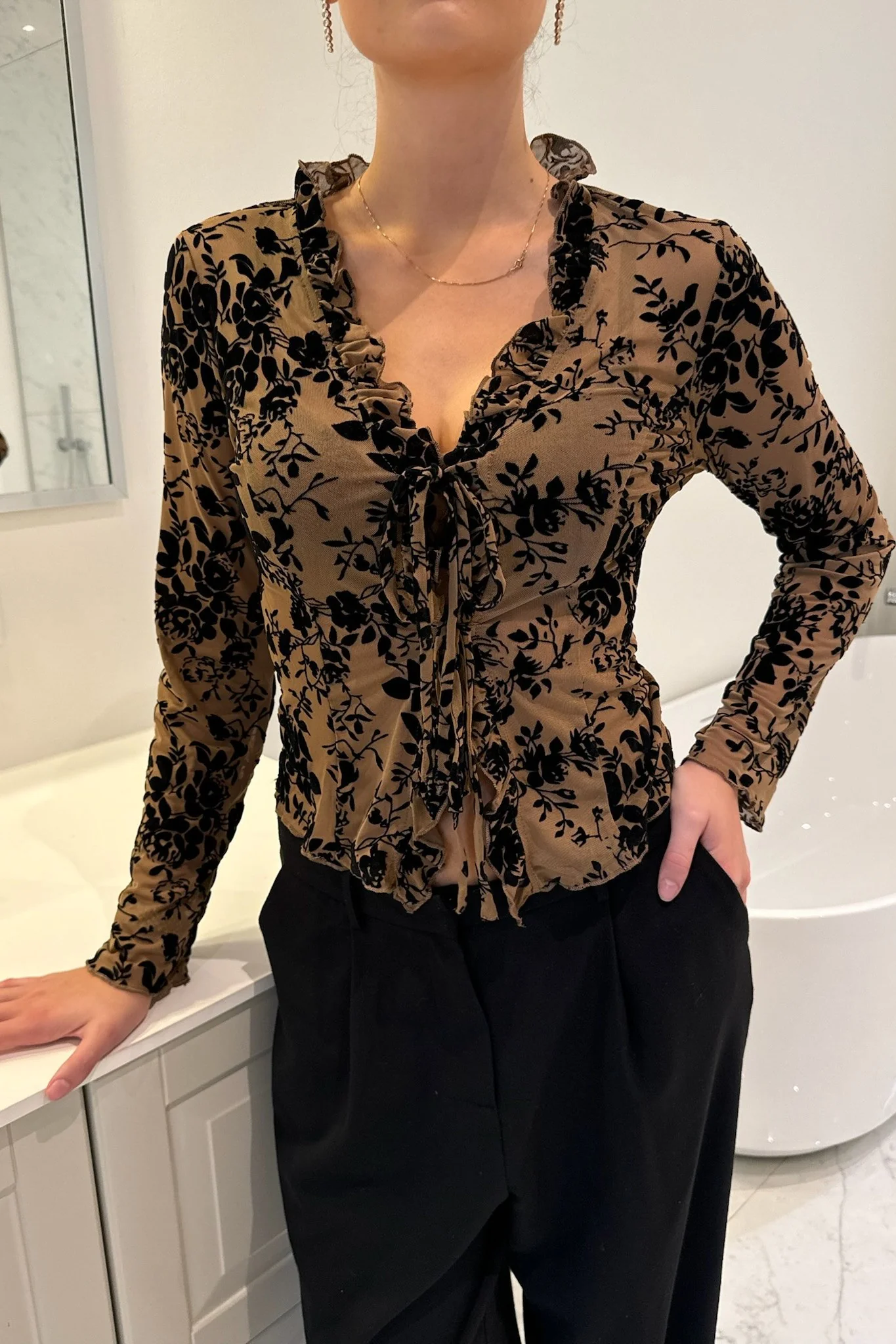 MarlyIC Mesh Top - Beige Black Flower Print - Image 6