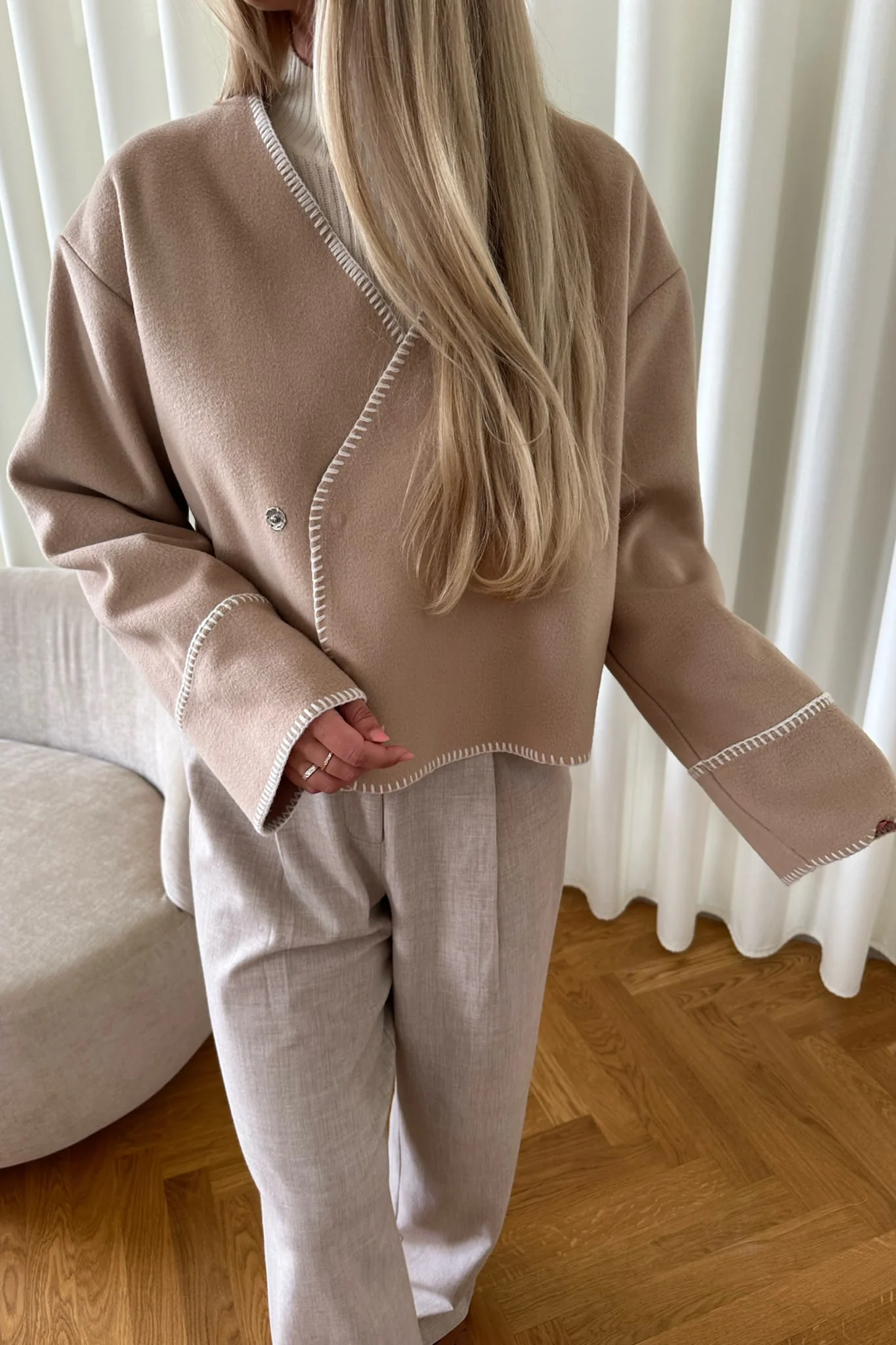 MellieIC Contrast Stitching Jacket - Beige - Image 9