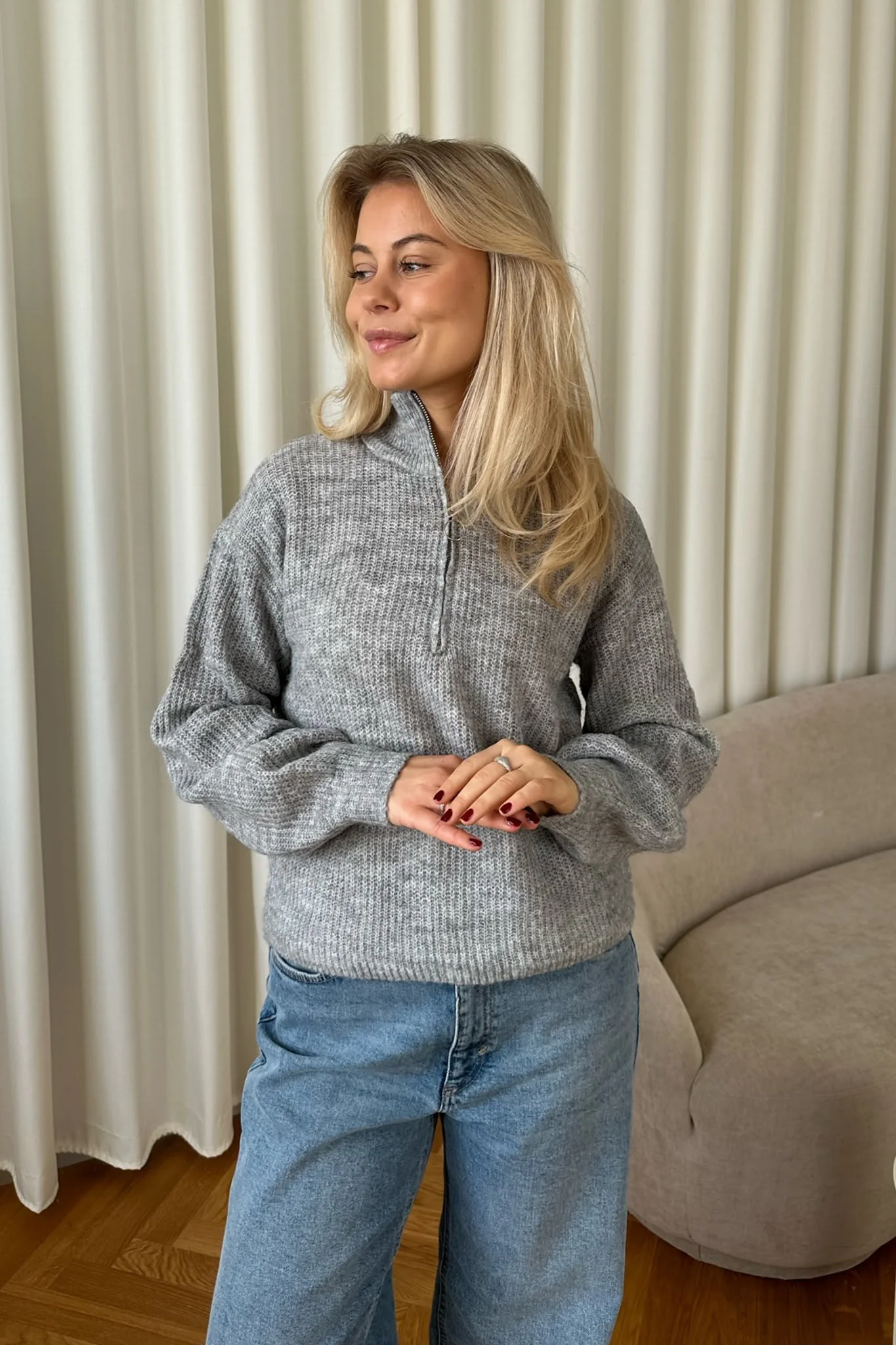 VMMili LS Zipper Pullover - Light Grey Melange - Image 3