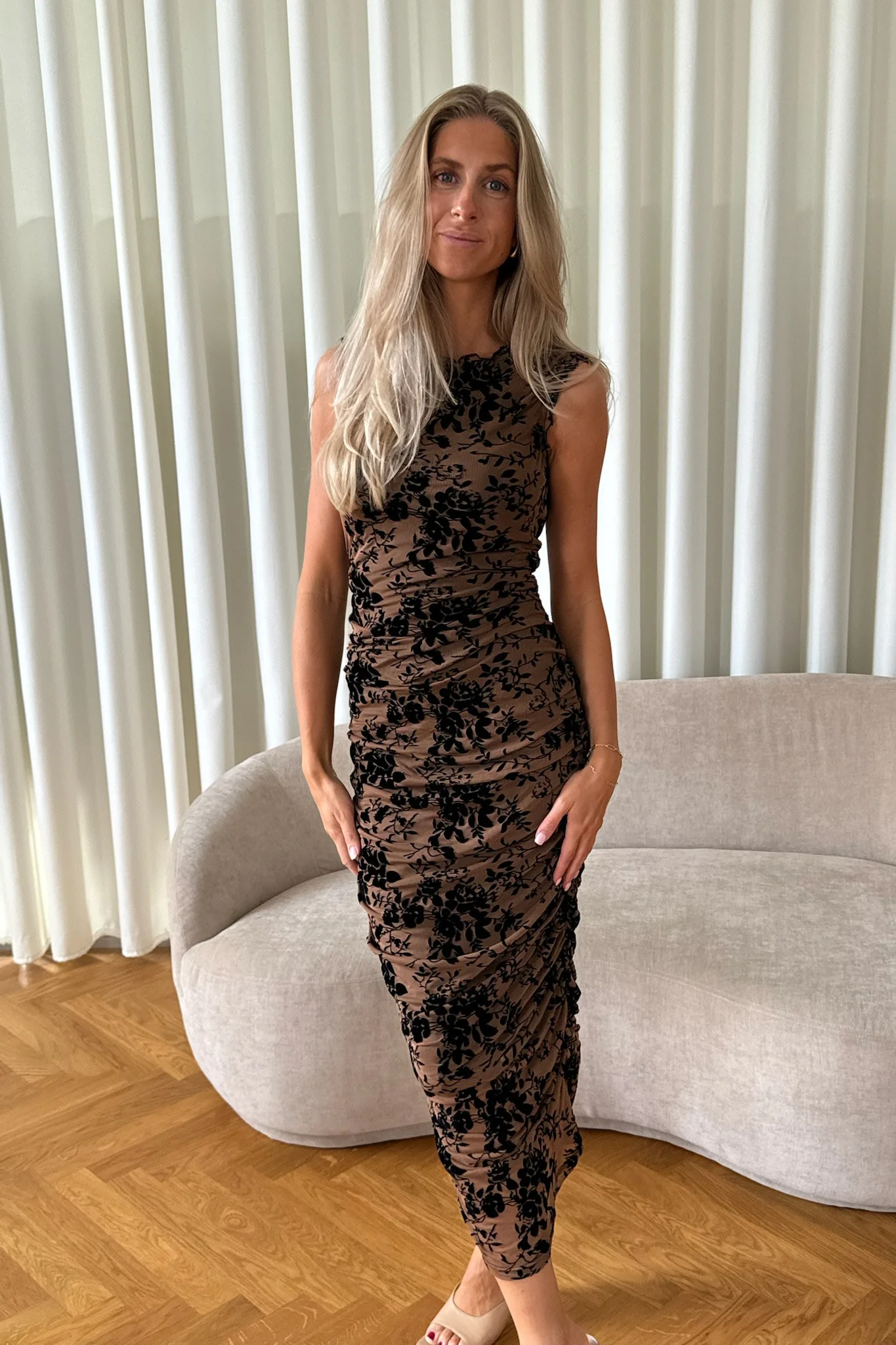 MiraIC Mesh Dress - Beige Black Flower Print - Image 8