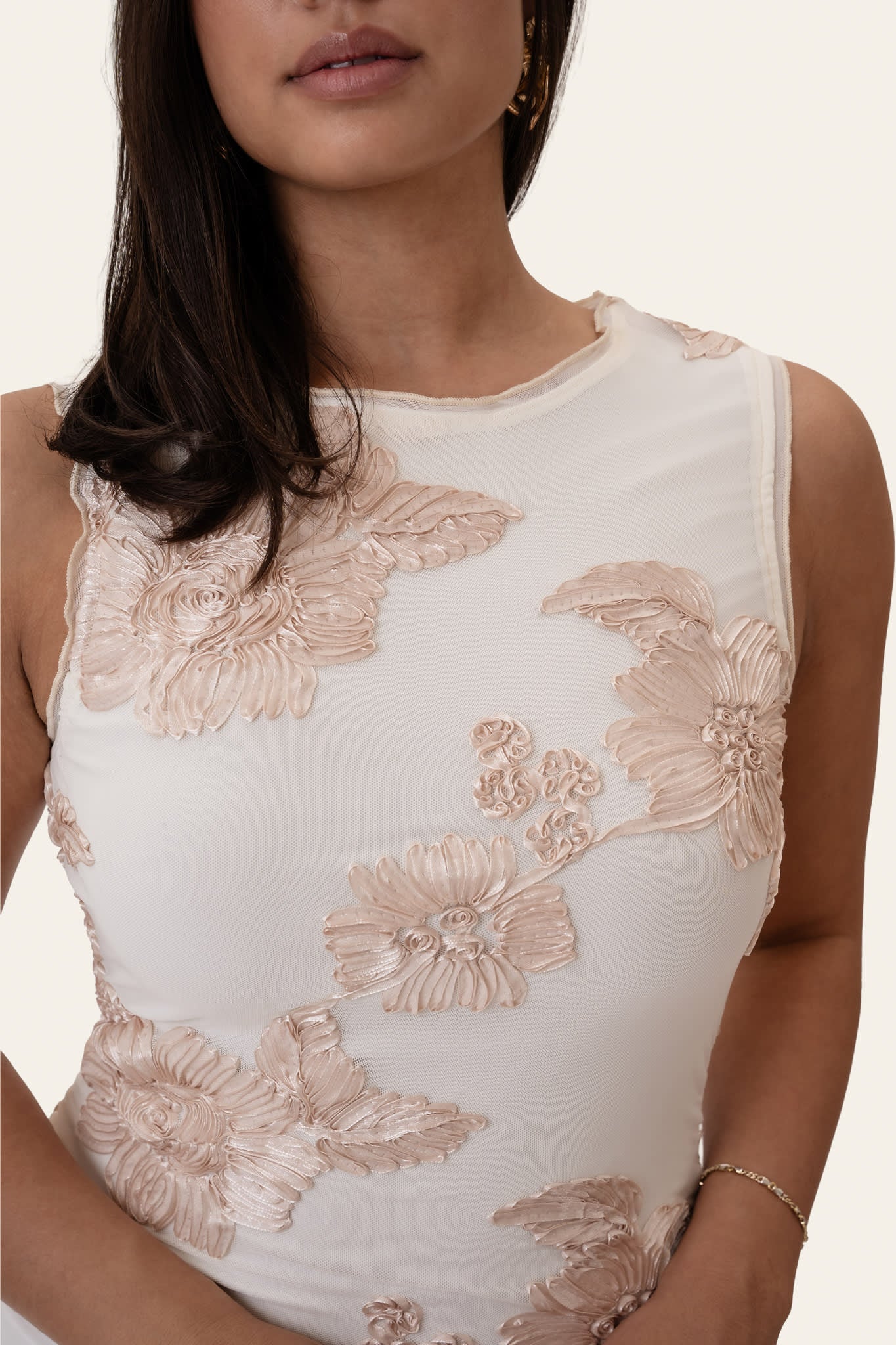 MiraIC Mesh Dress - Off White Beige Flower - Image 4