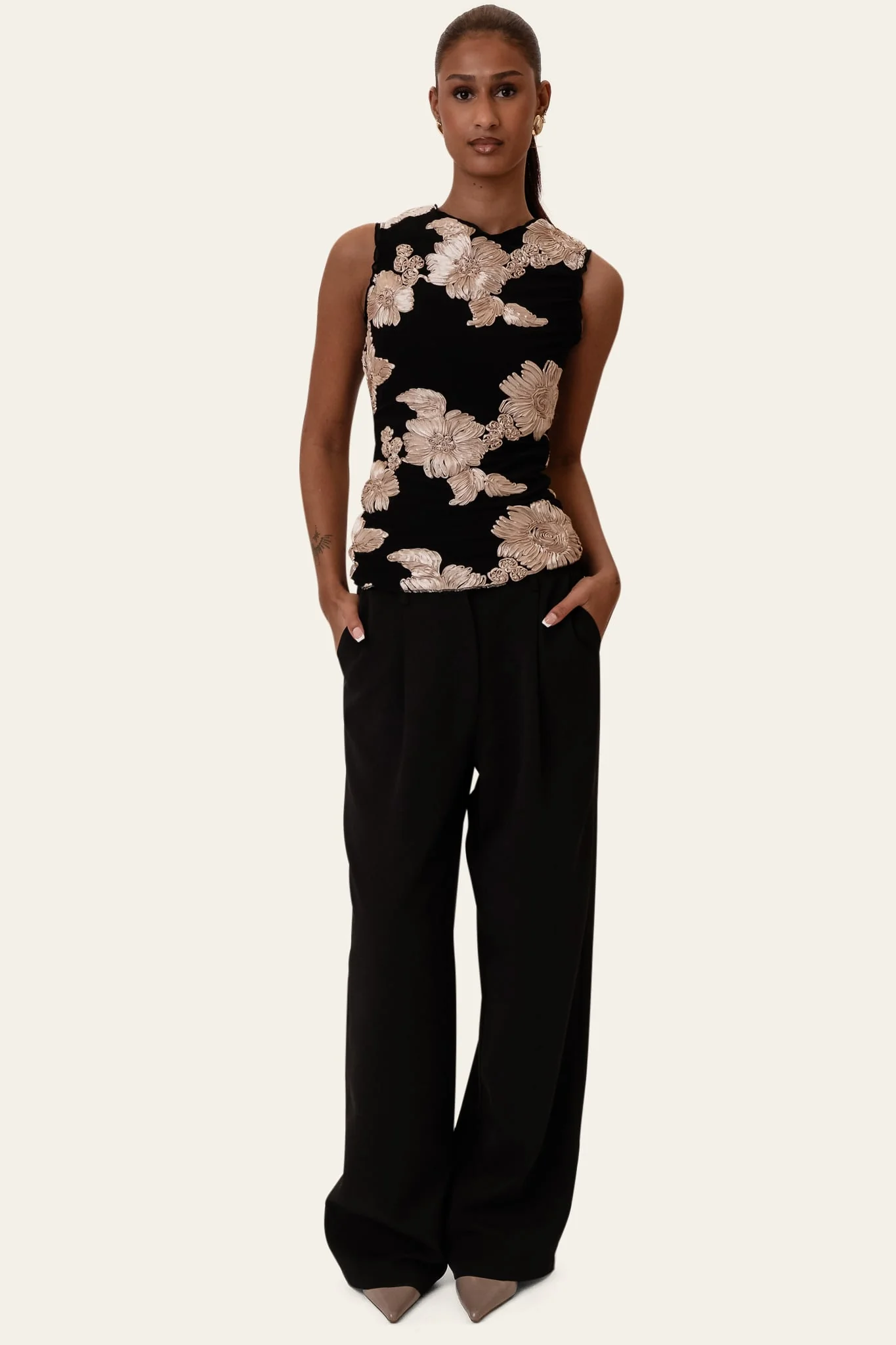 MiraIC Mesh Top - Black Beige Flower - Image 3