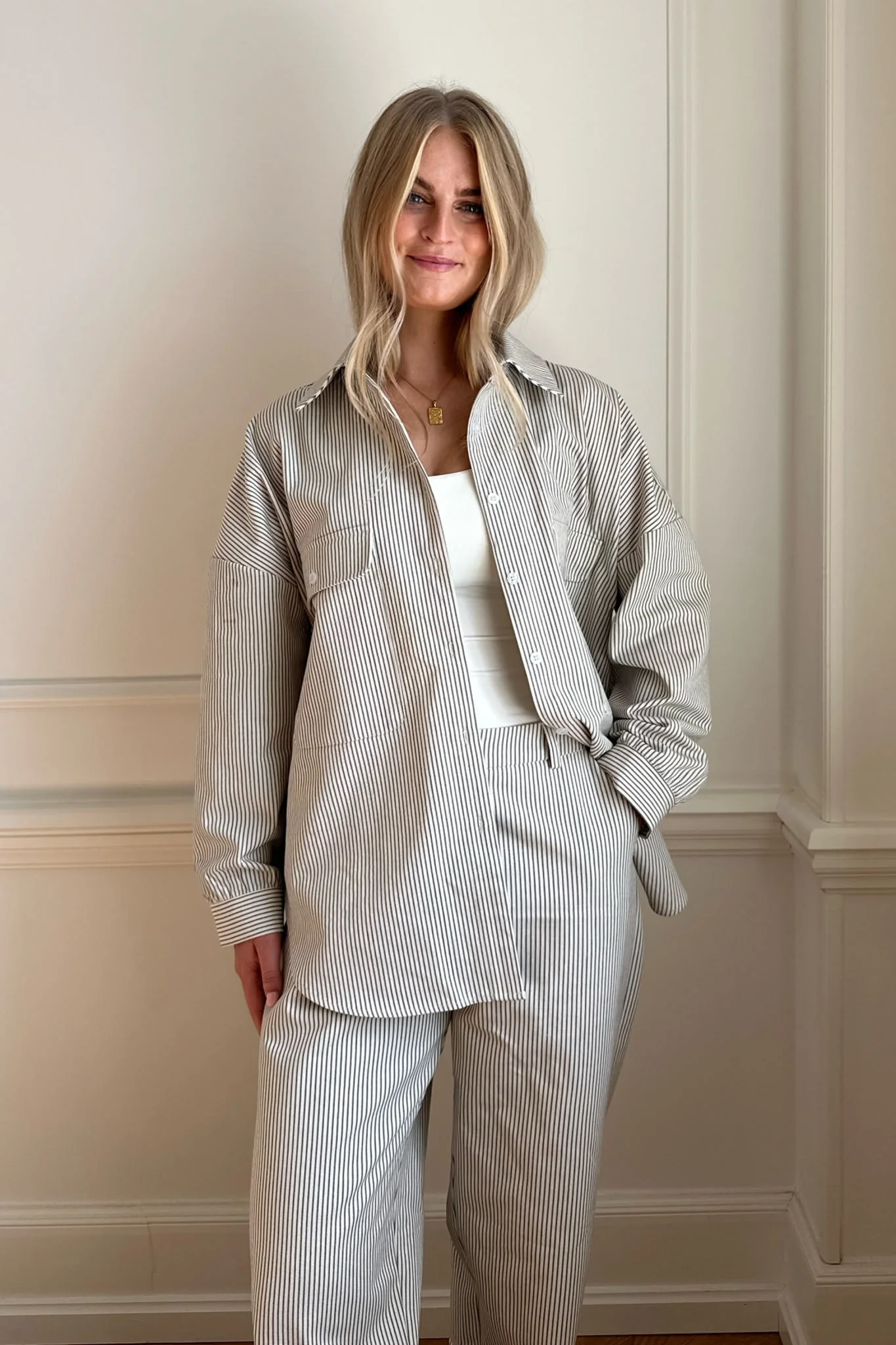 NannaIC Oversized Shirt - Dark Beige Woven Stripe - Image 5
