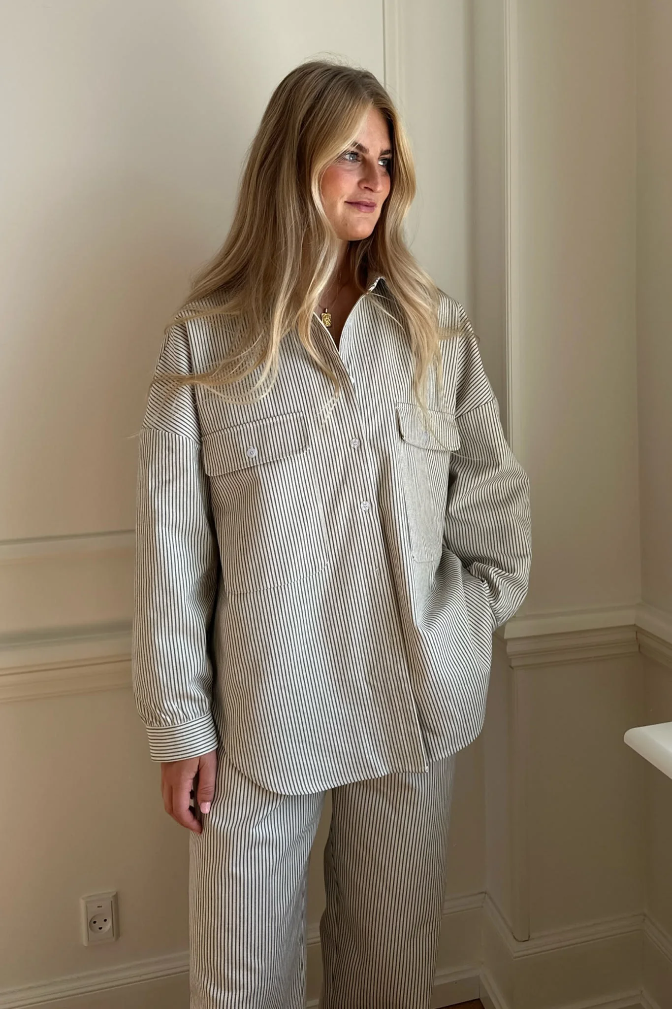 NannaIC Oversized Shirt - Dark Beige Woven Stripe - Image 8