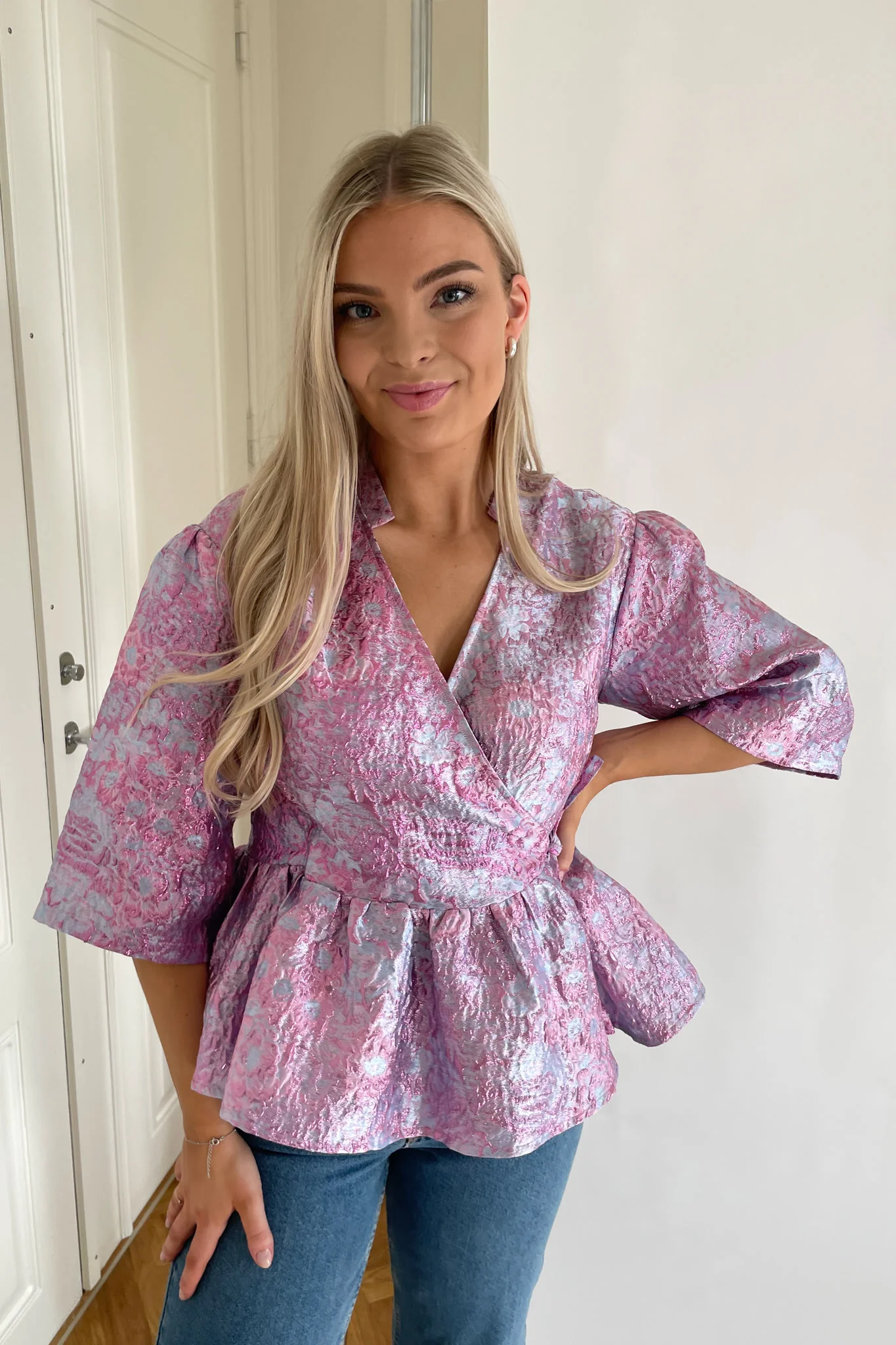 Noella Neva Jacquard Wrap Blouse - Lilac Jacquard - Image 3