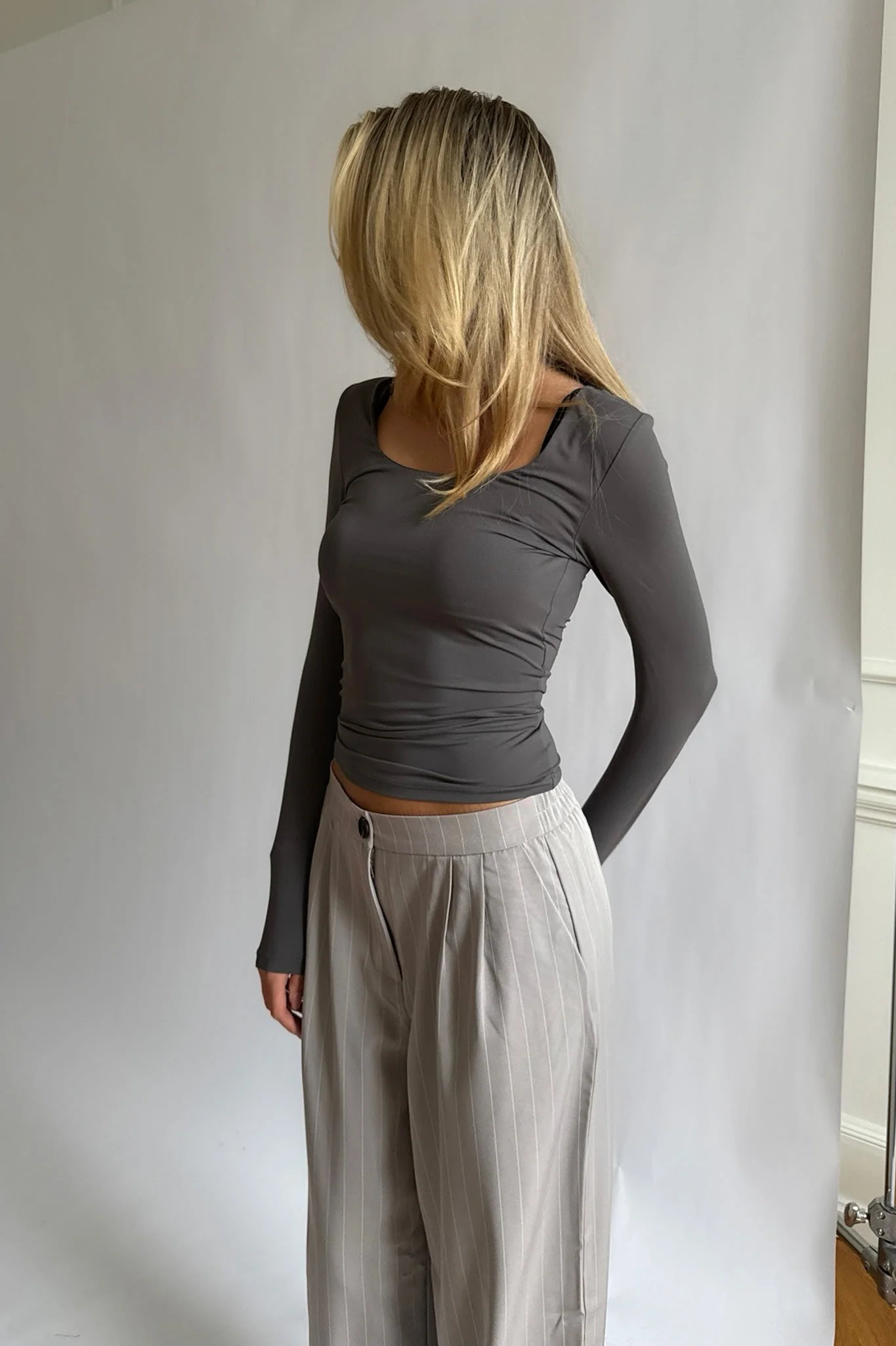 NMVera NW Wide Leg Pant - Light Grey Melange White Pinstripes - Image 4