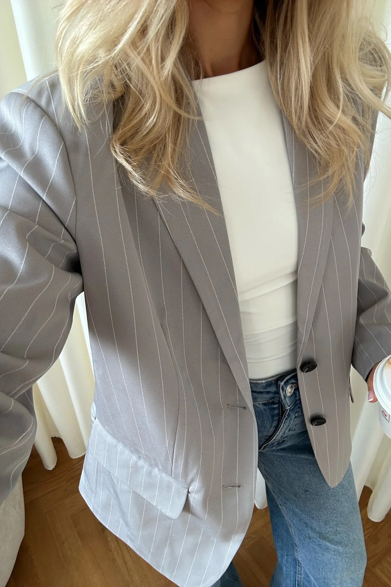 NMVera LS Oversize Blazer - Light Grey Melange White Pinstripes - Image 5