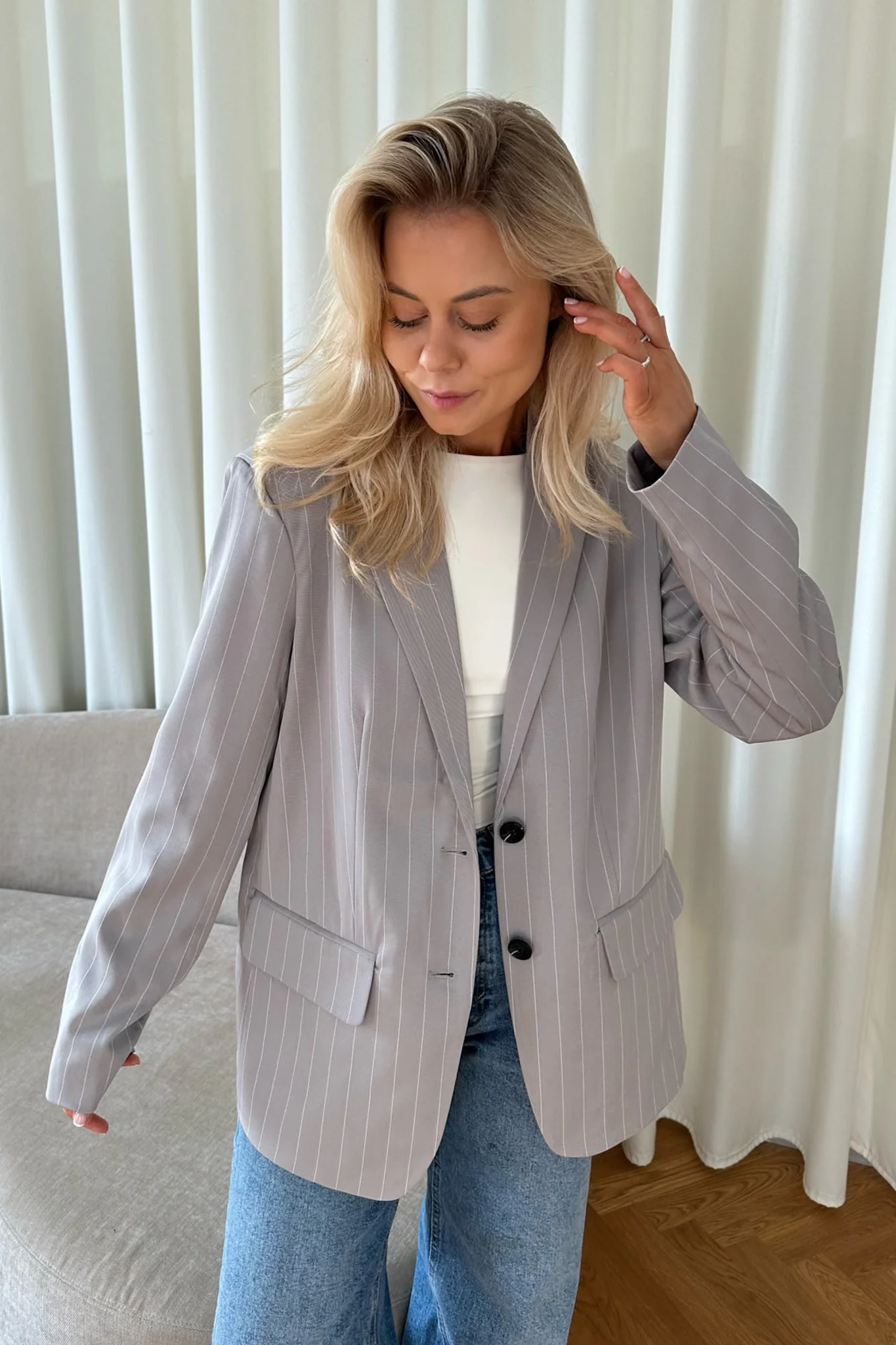 NMVera LS Oversize Blazer - Light Grey Melange White Pinstripes - Image 7