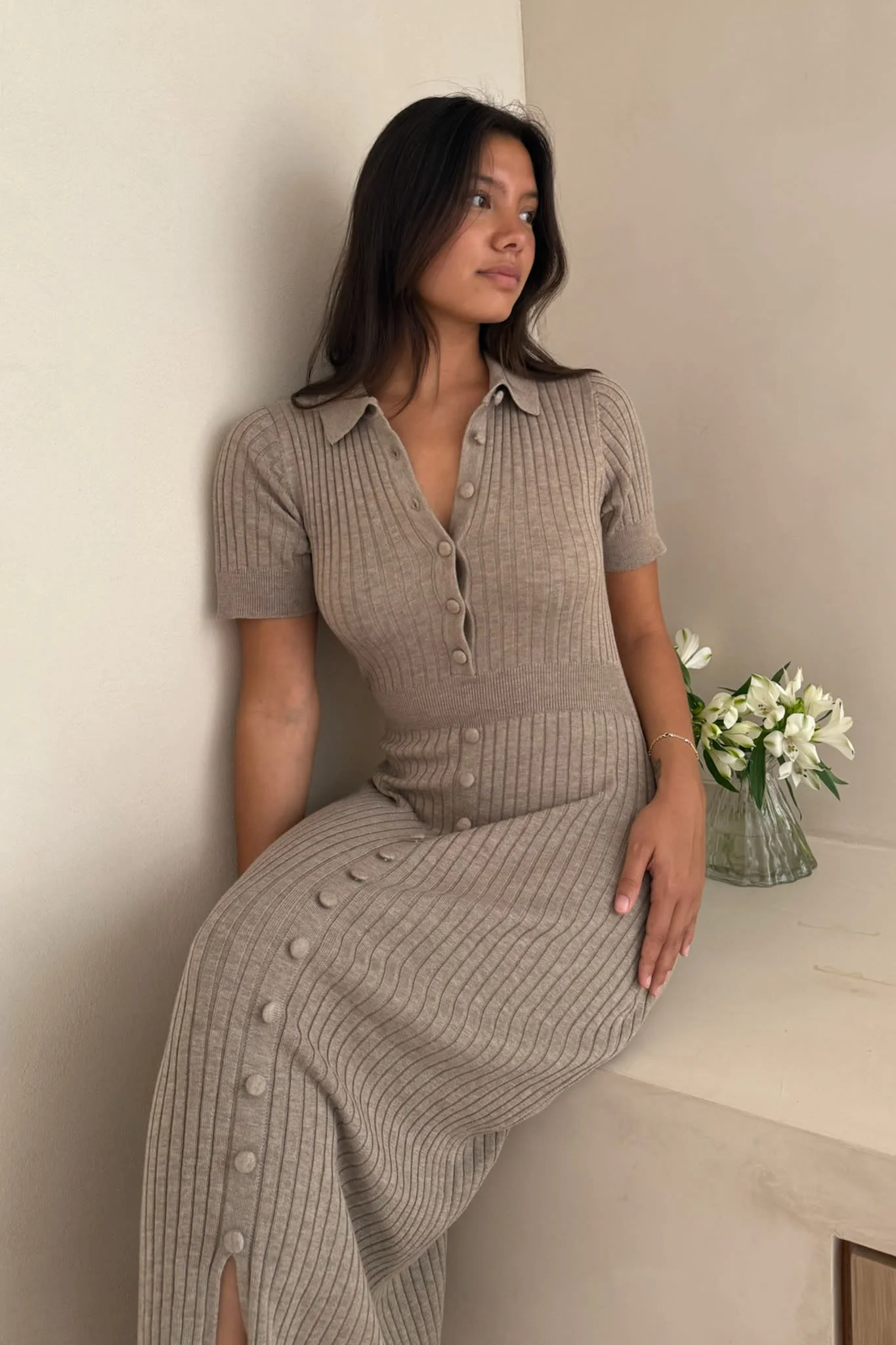 OdetteIC Long SS Dress - Light Brown - Image 5