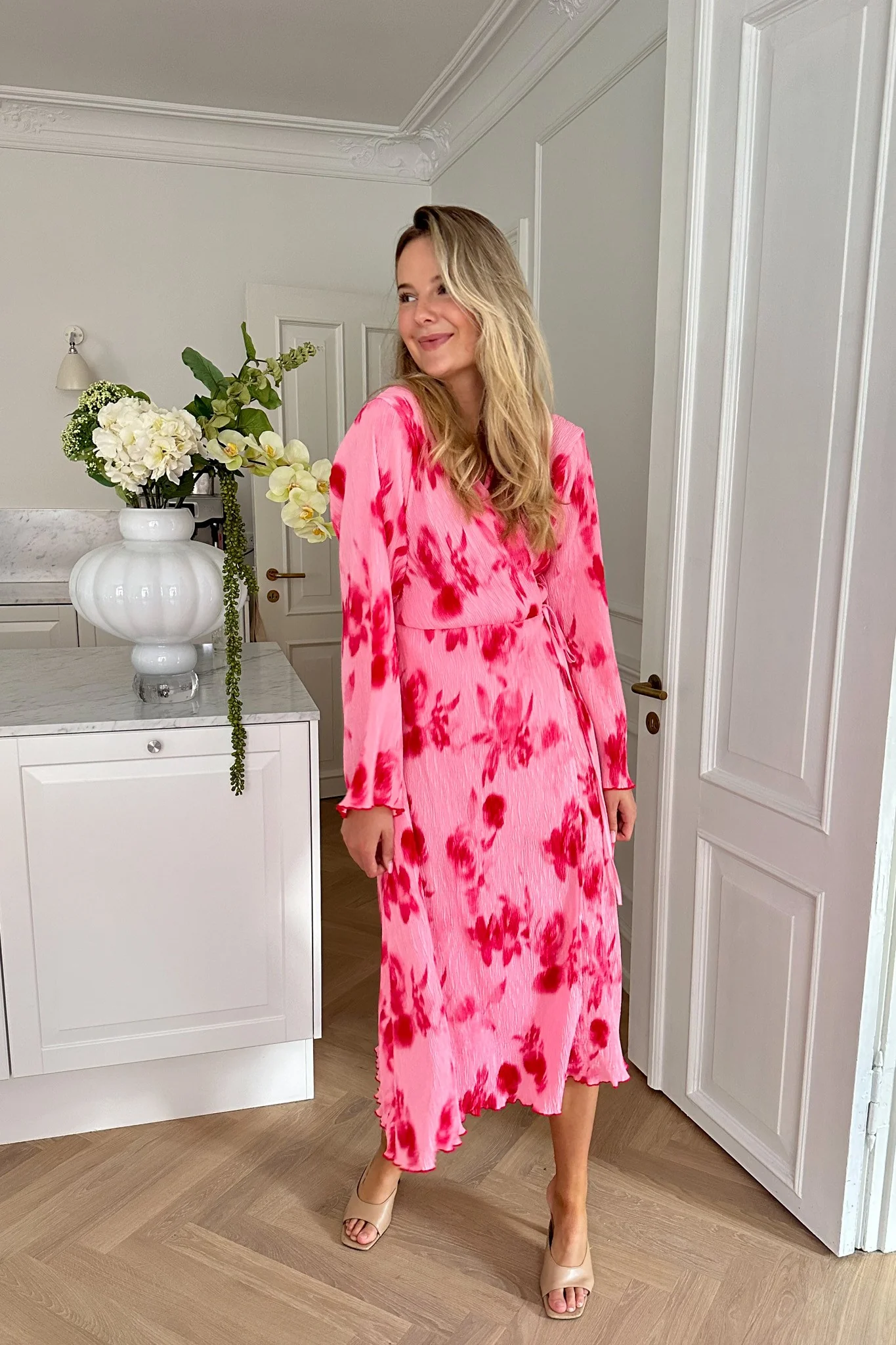 OfeliaIC Long Wrap Dress - Abstract Pink Flower Print - Image 6
