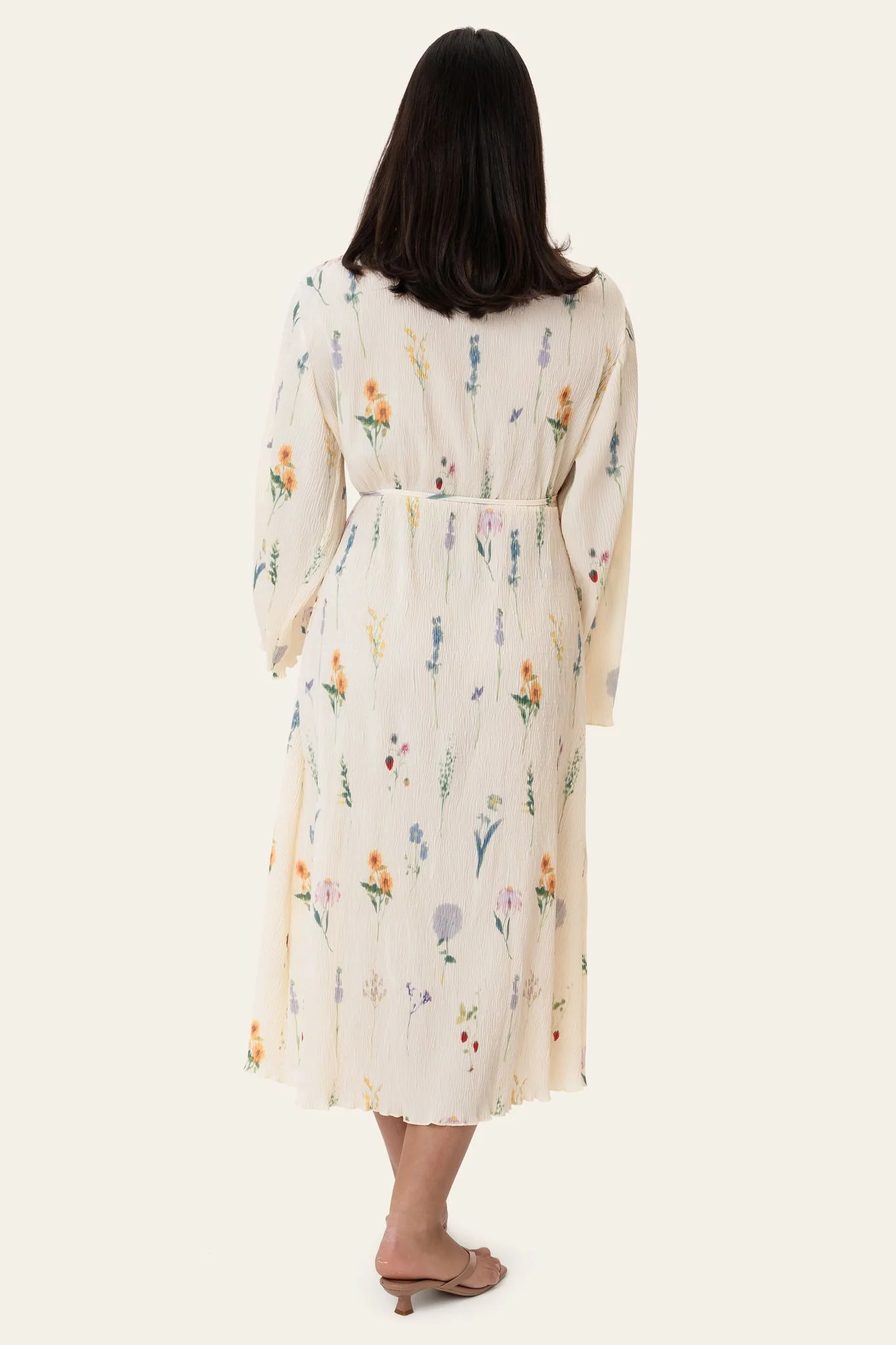 OfeliaIC Long Wrap Dress - Off White Flower Print - Image 3