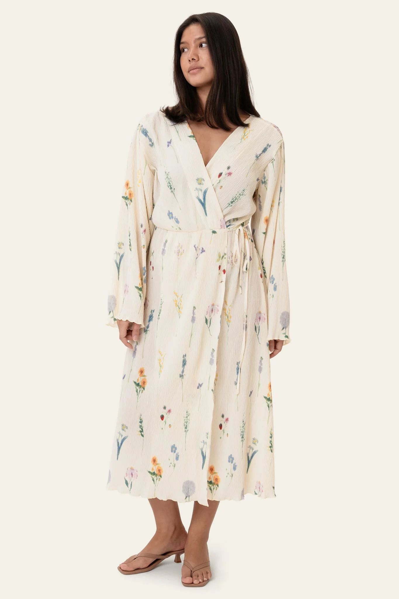 OfeliaIC Long Wrap Dress - Off White Flower Print - Image 4