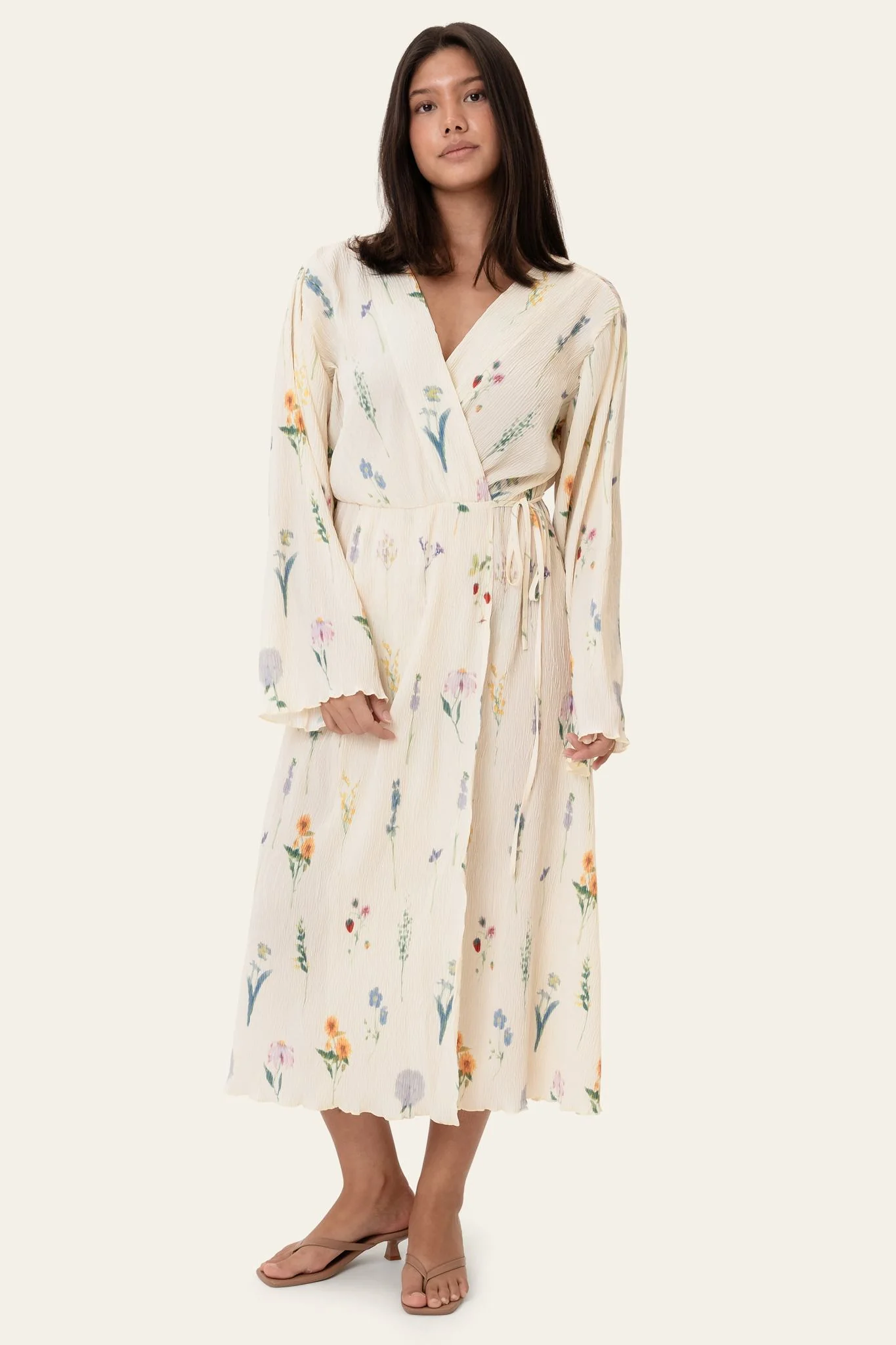 OfeliaIC Long Wrap Dress - Off White Flower Print - Image 5