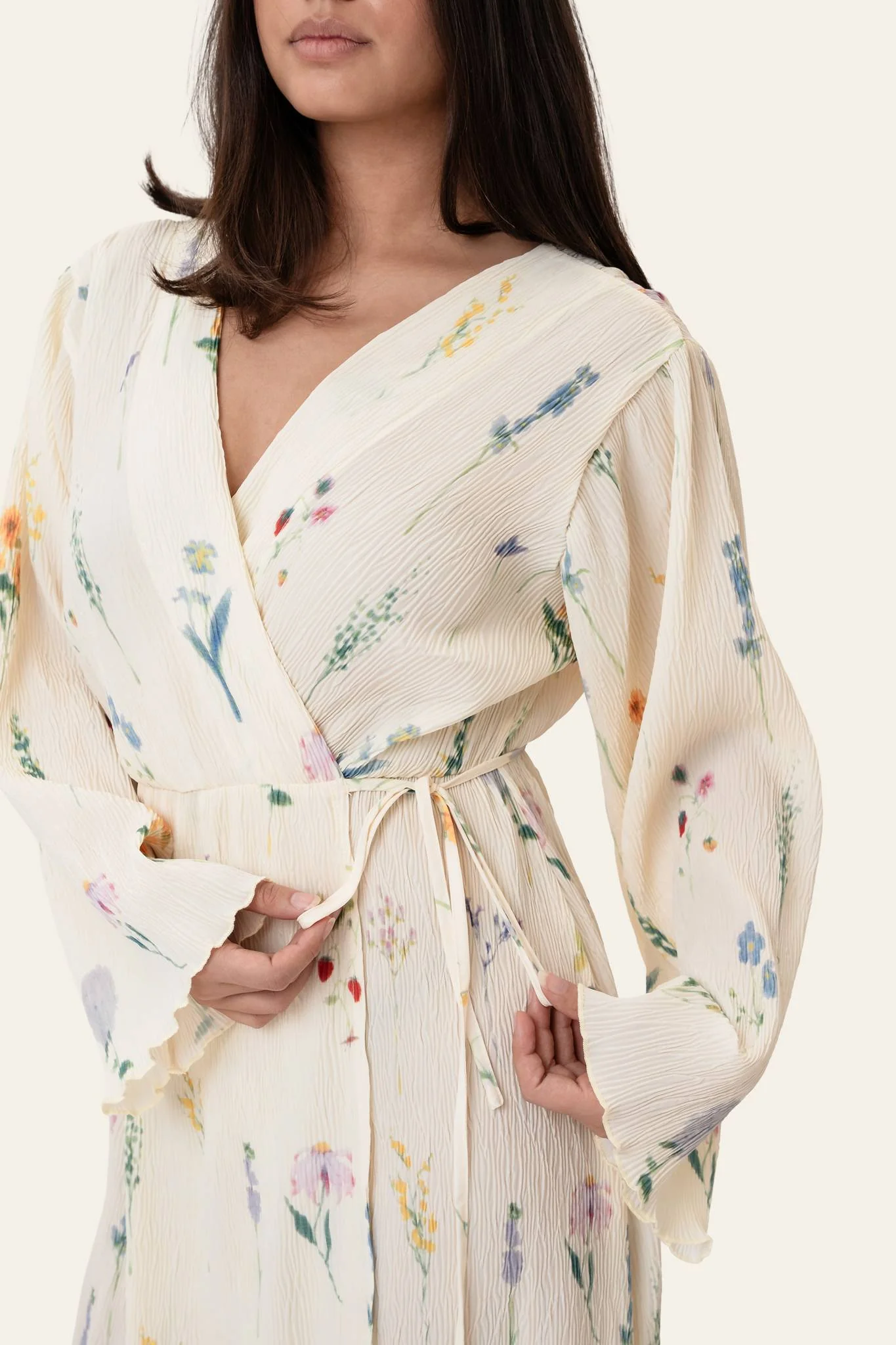 OfeliaIC Long Wrap Dress - Off White Flower Print - Image 6