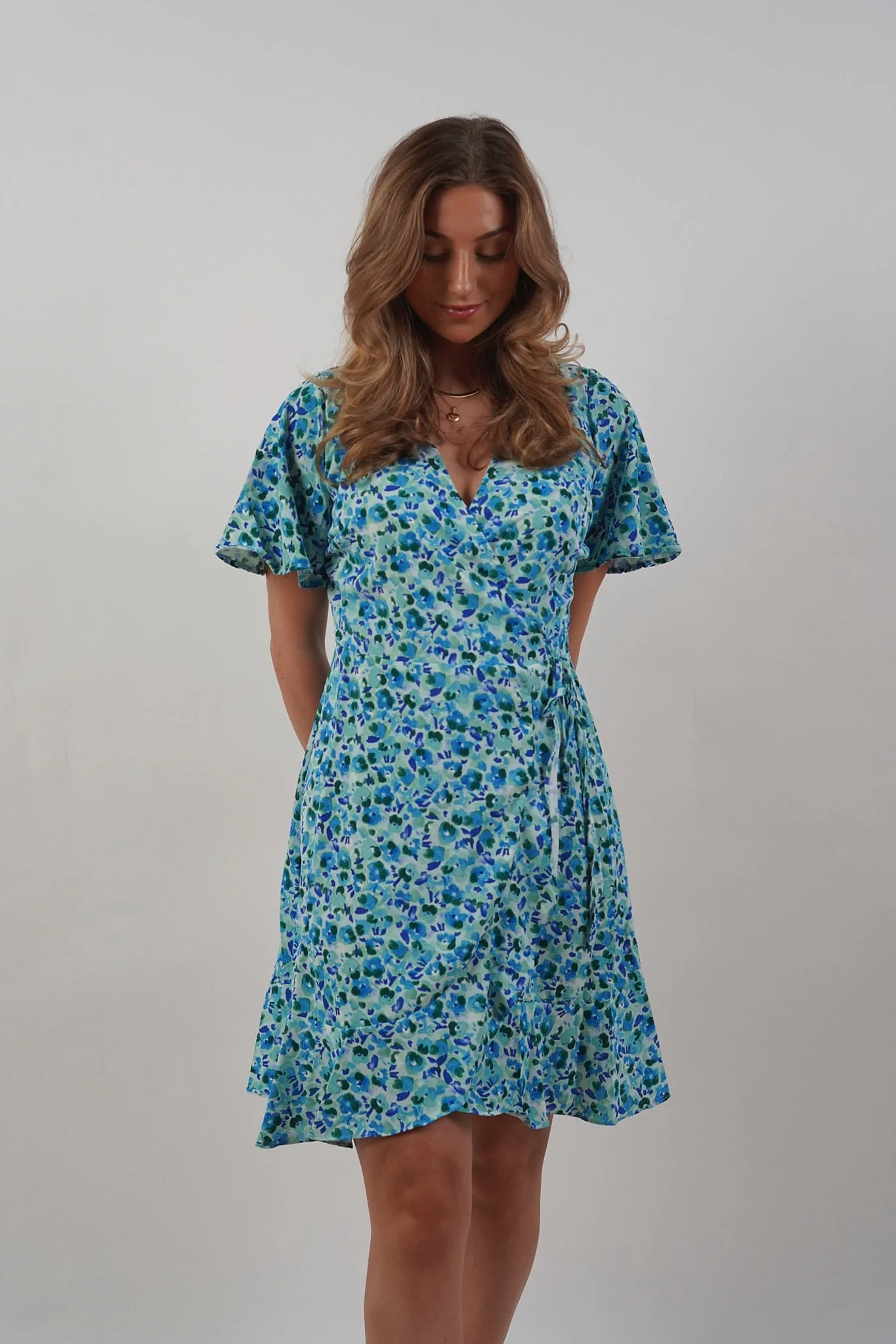 OBJPapaya SS Wrap Ruffle Dress - Cloud Dancer Blue Floral - Image 3
